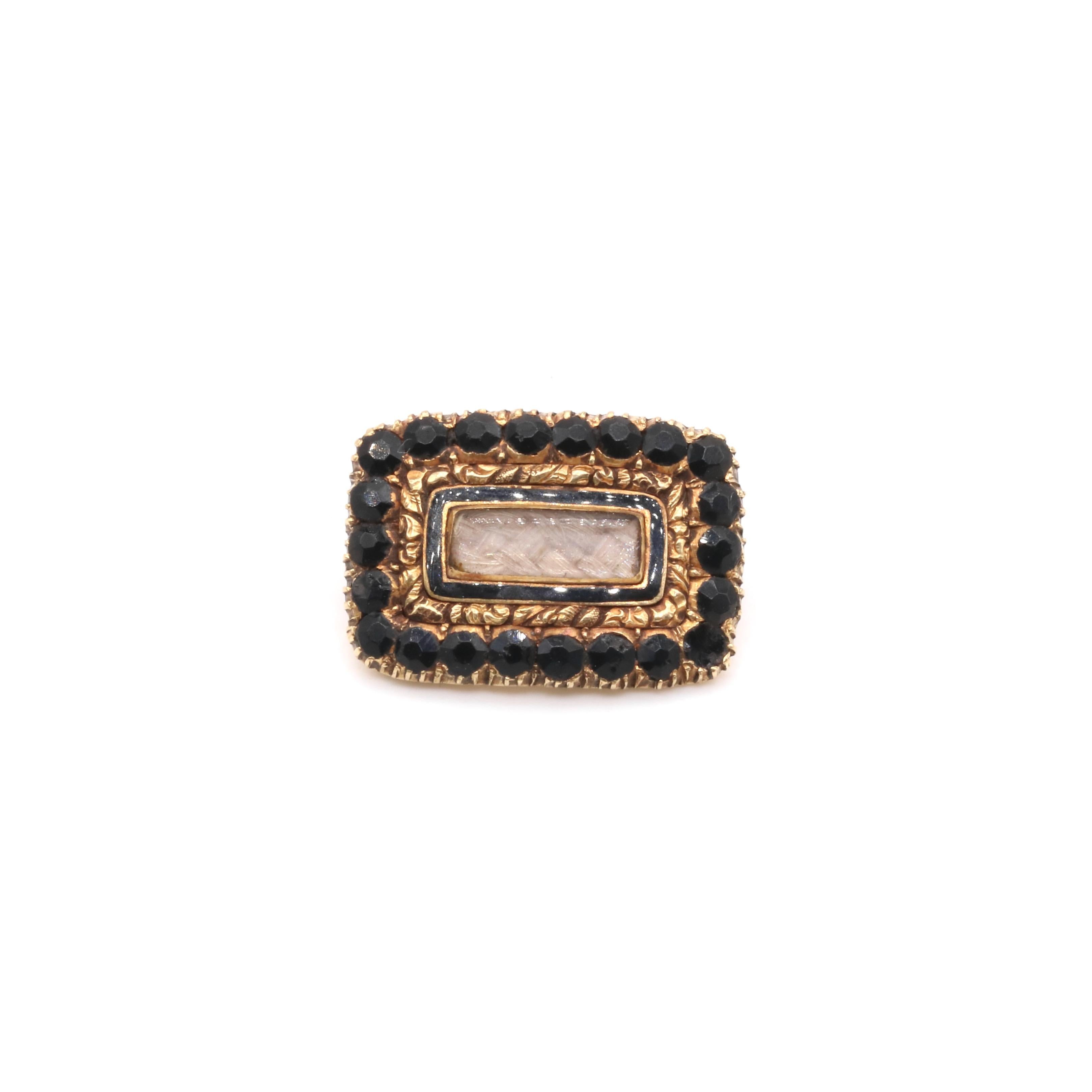Women's or Men's Antique Georgian 18K Gold Hairwork, Black Enamel and Black Paste Mourning Brooch For Sale