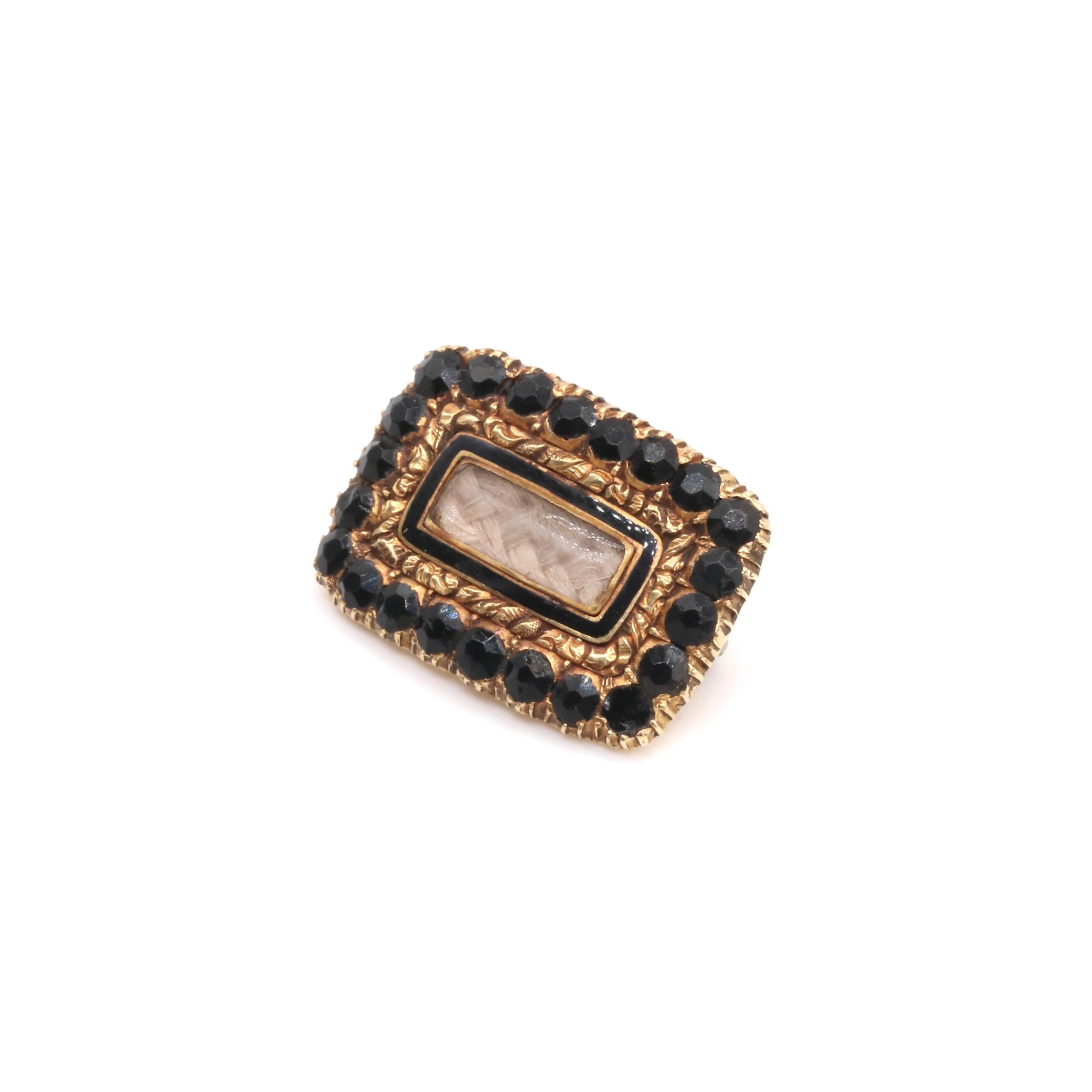 Antique Georgian 18K Gold Hairwork, Black Enamel and Black Paste Mourning Brooch For Sale 1