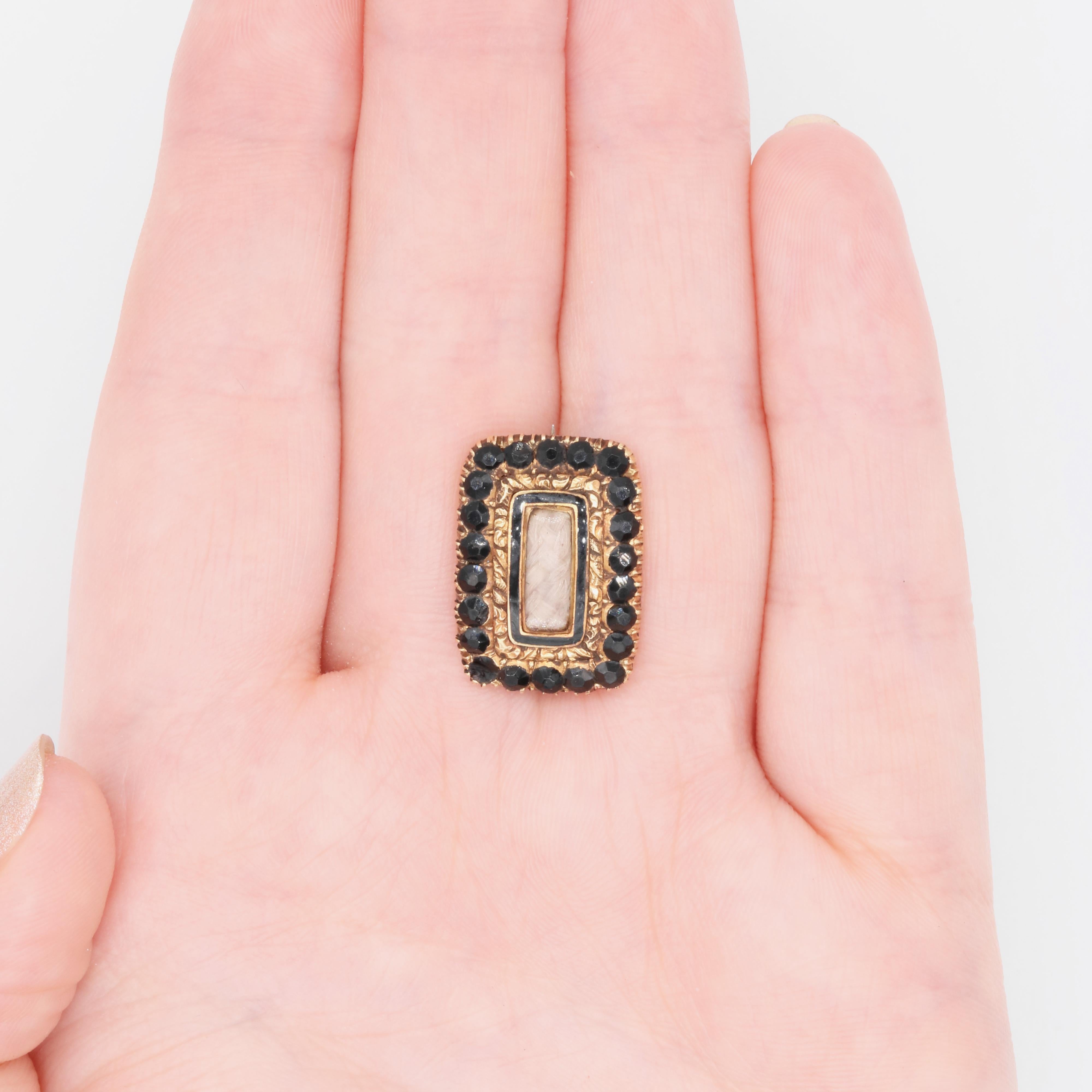 Antique Georgian 18K Gold Hairwork, Black Enamel and Black Paste Mourning Brooch For Sale 5