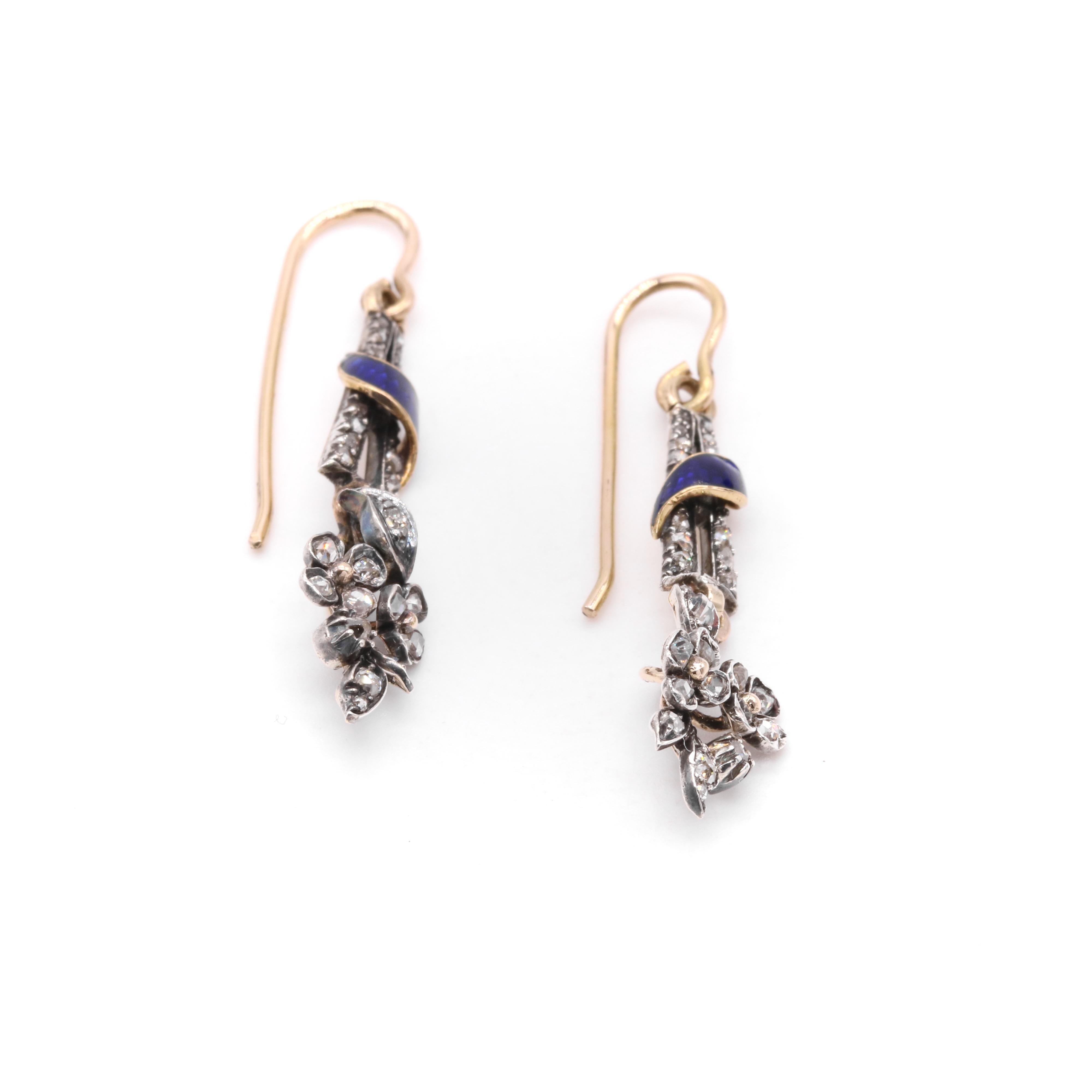 Antique Georgian 18K Gold & Silver Diamond and Blue Enamel Floral Drop Earrings In Good Condition For Sale In Staines-Upon-Thames, GB