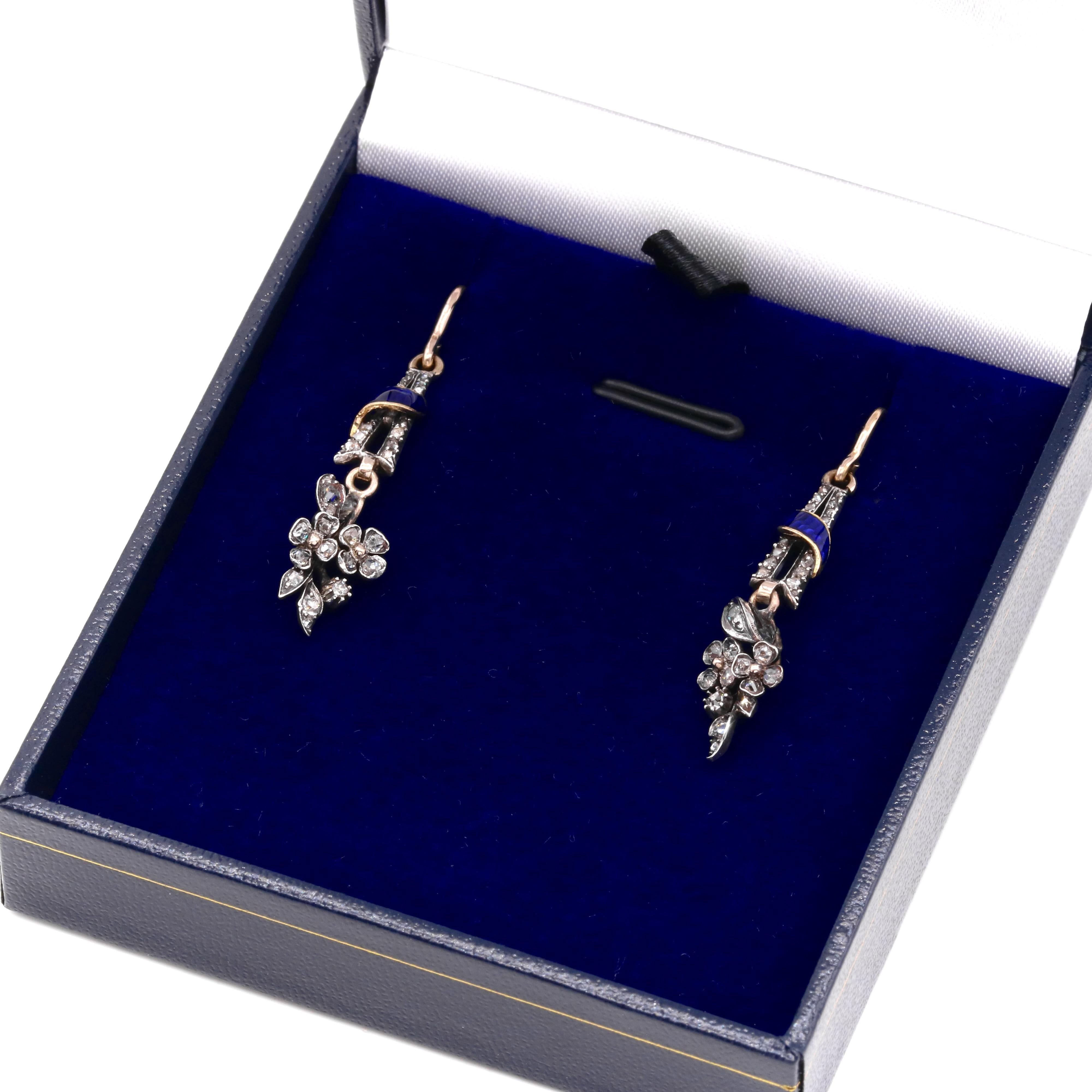 Antique Georgian 18K Gold & Silver Diamond and Blue Enamel Floral Drop Earrings For Sale 2
