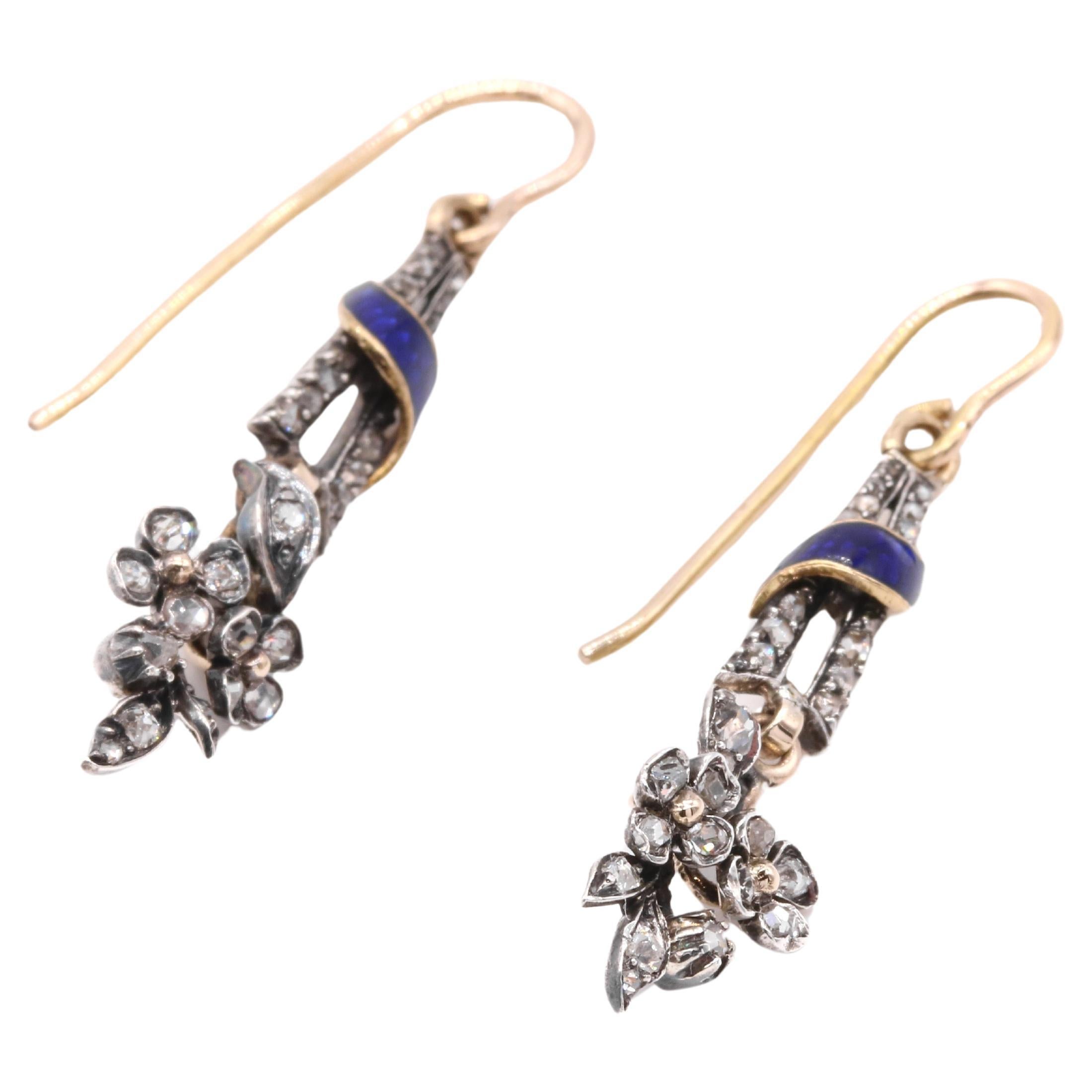 Antique Georgian 18K Gold & Silver Diamond and Blue Enamel Floral Drop Earrings For Sale