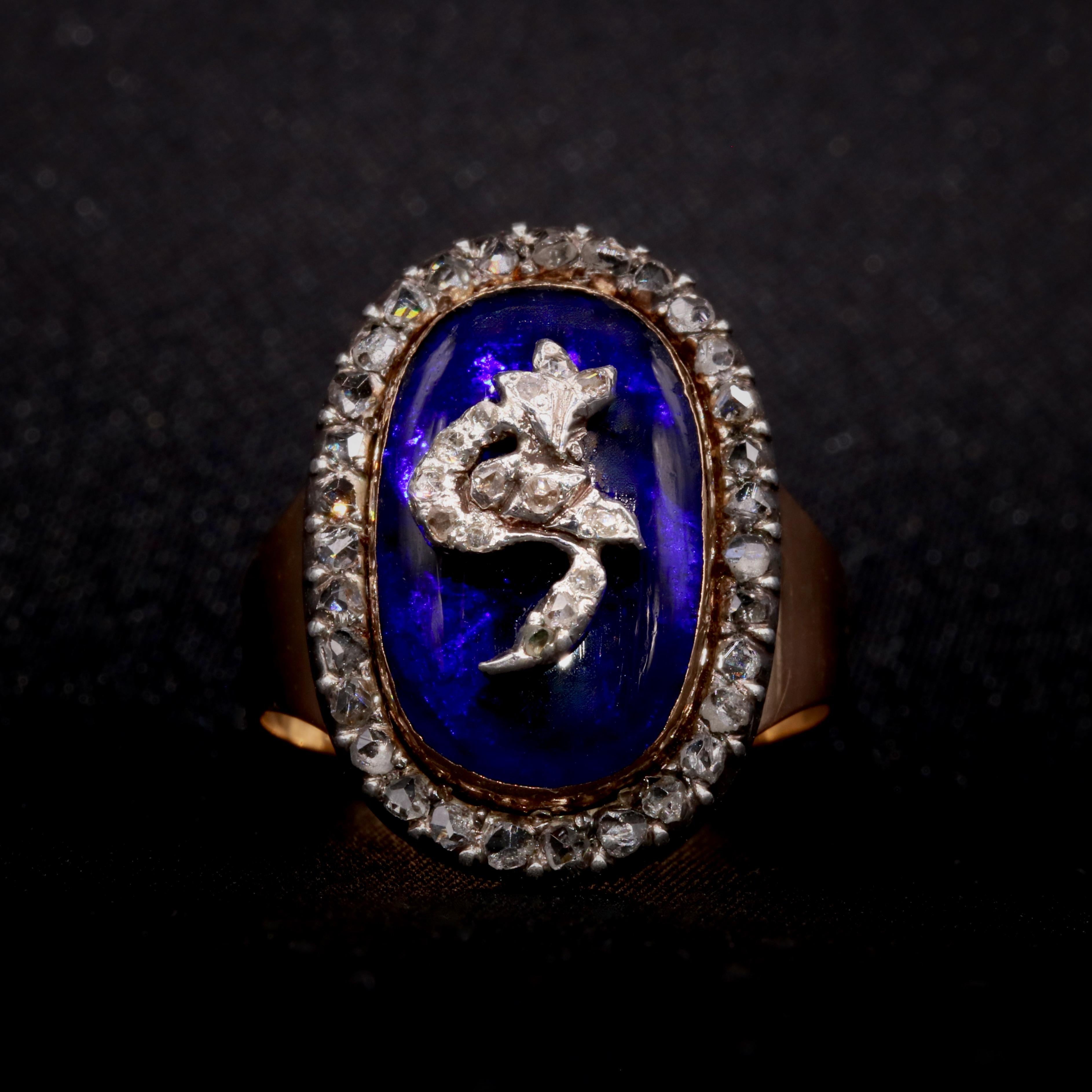 Georgien Bague Firmament Scorpio ancienne géorgienne en or 18 carats, argent, diamant et verre bleu en vente