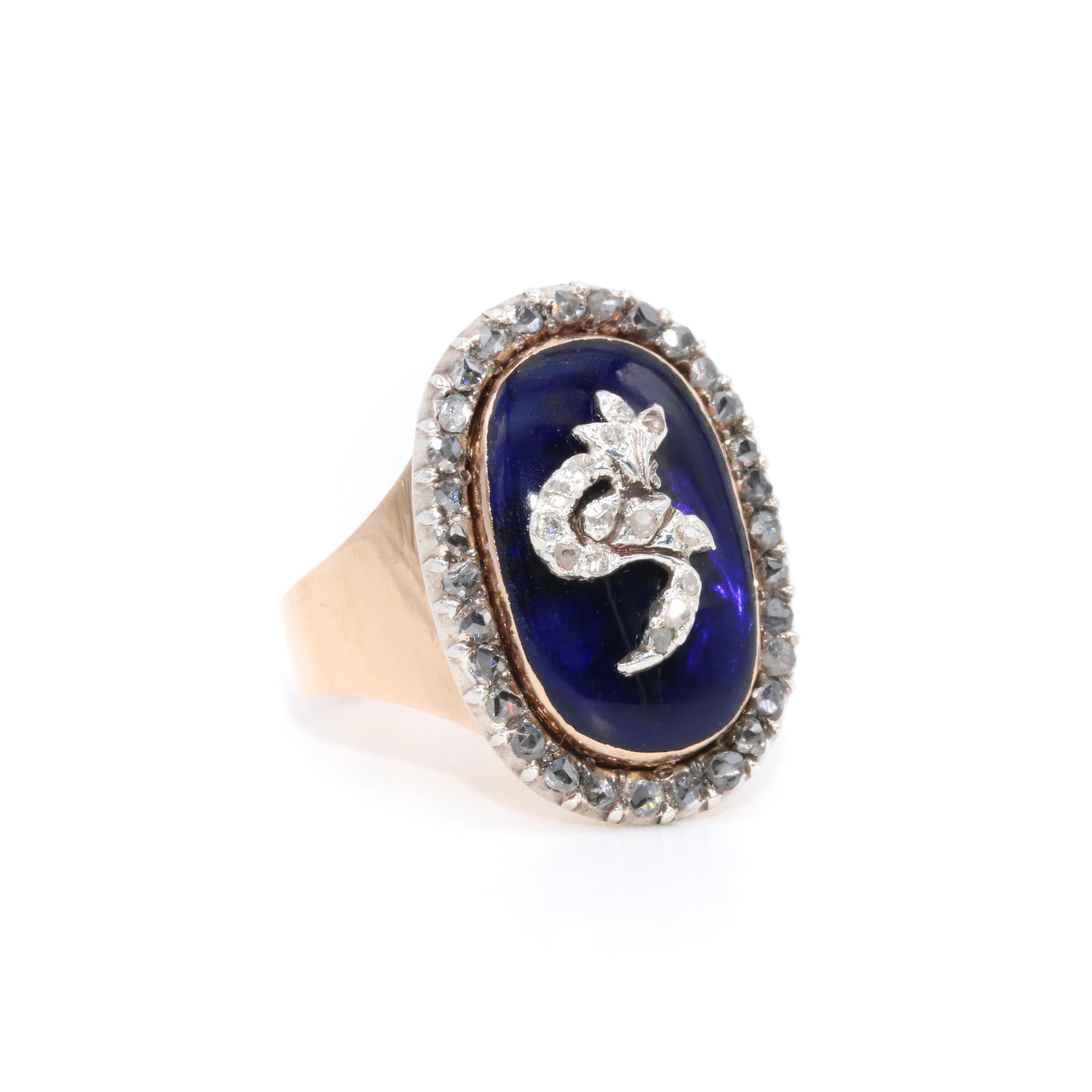 Antiker georgischer 18K Gold & Silber Diamant & Blauglas Skorpion Firmament Ring (Rosenschliff) im Angebot