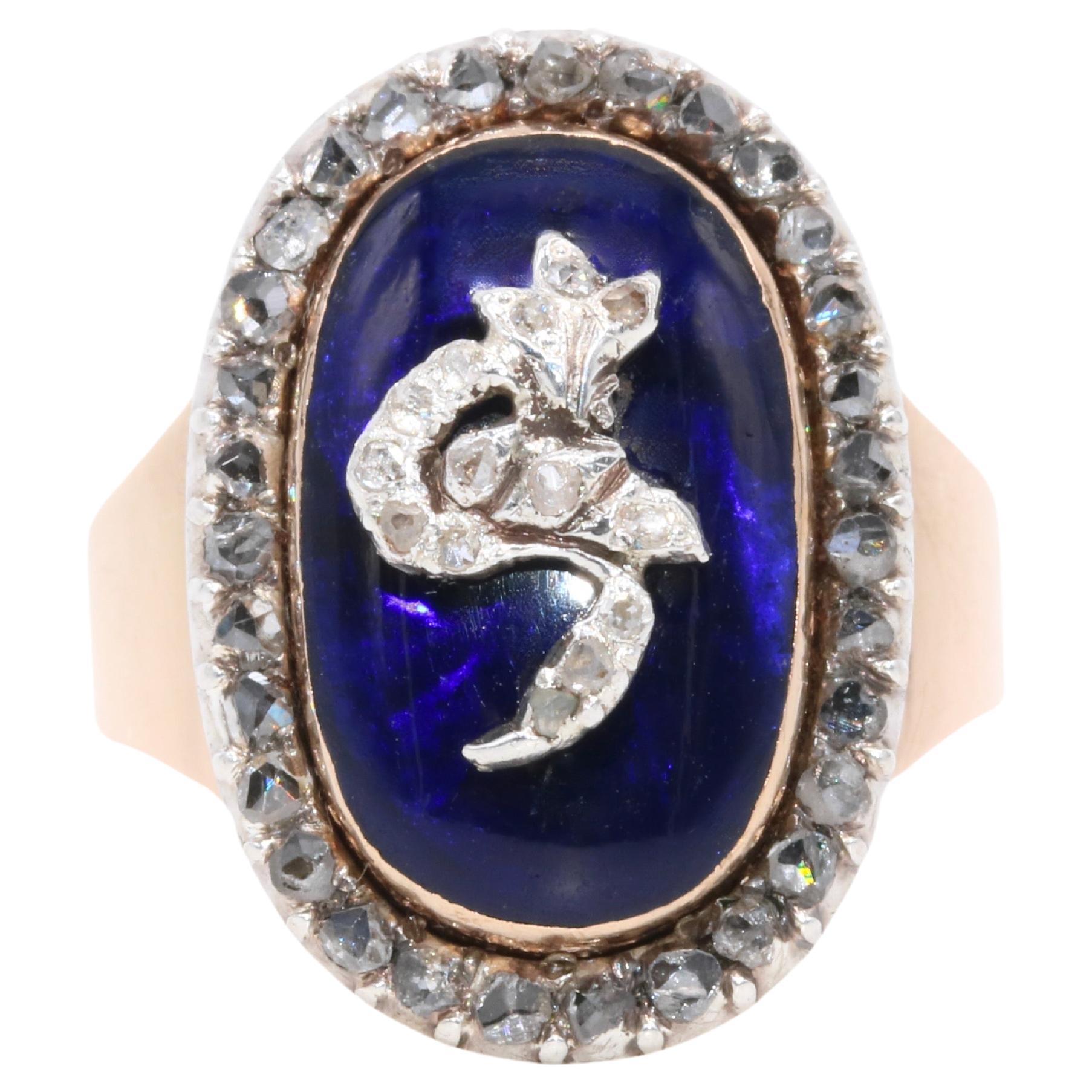 Bague Firmament Scorpio ancienne géorgienne en or 18 carats, argent, diamant et verre bleu