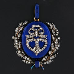 Antique Georgian 18k Gold Silver Diamond Royal Blue Enamel Laurel Wreath Pendant