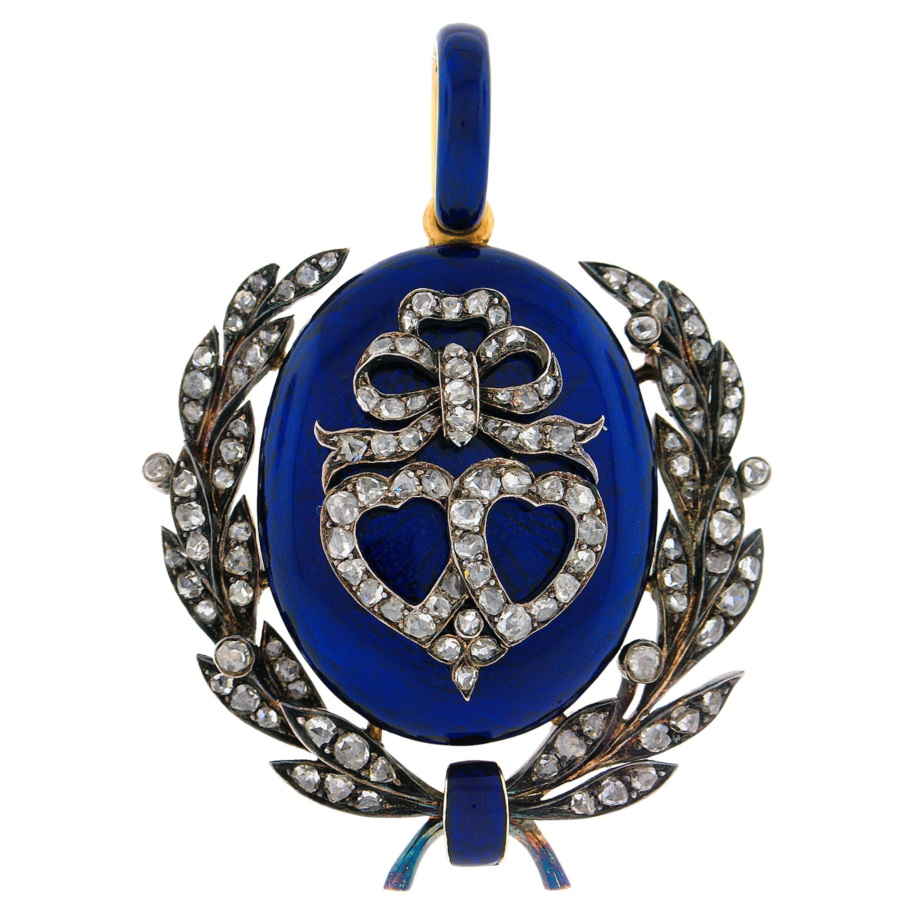 Antique Georgian 18k Gold Silver Diamond Royal Blue Enamel Laurel Wreath Pendant For Sale