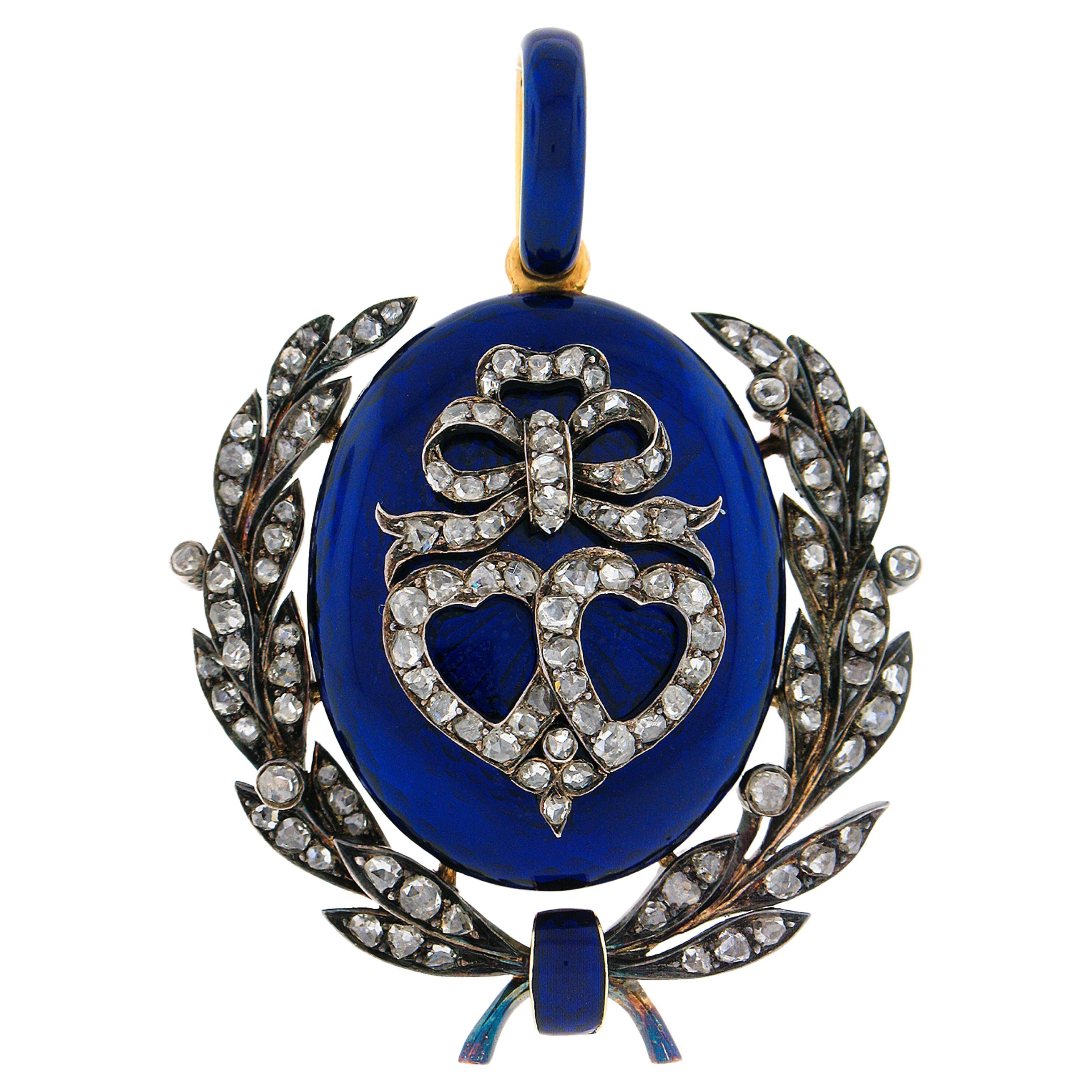 Pendentif laurier ancien de style géorgien en forme de couronne, en or 18 carats, argent, diamant et émail bleu royal