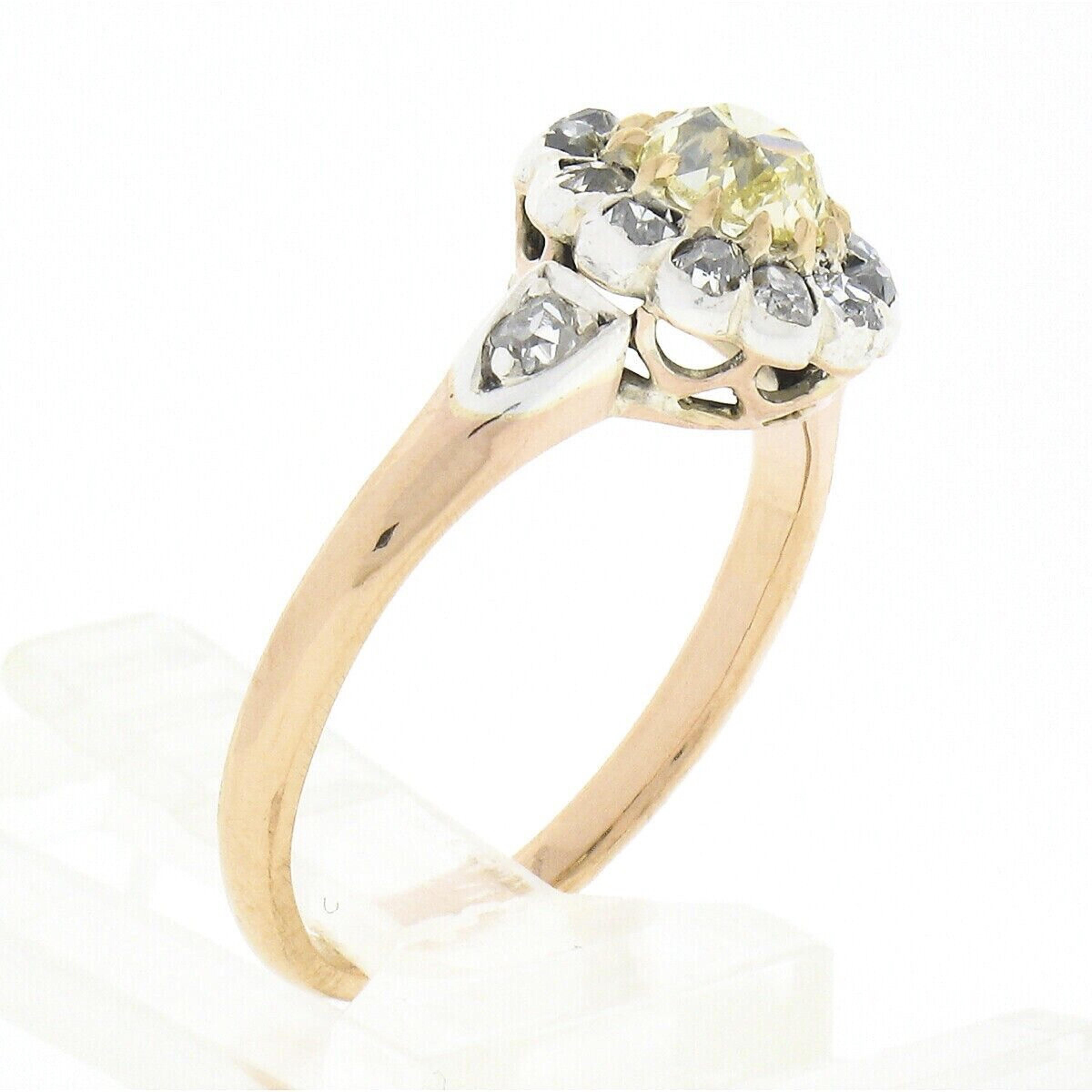 Women's Antique Georgian 18k Gold Silver GIA Fancy Yellow & White Diamond Cluster Ring