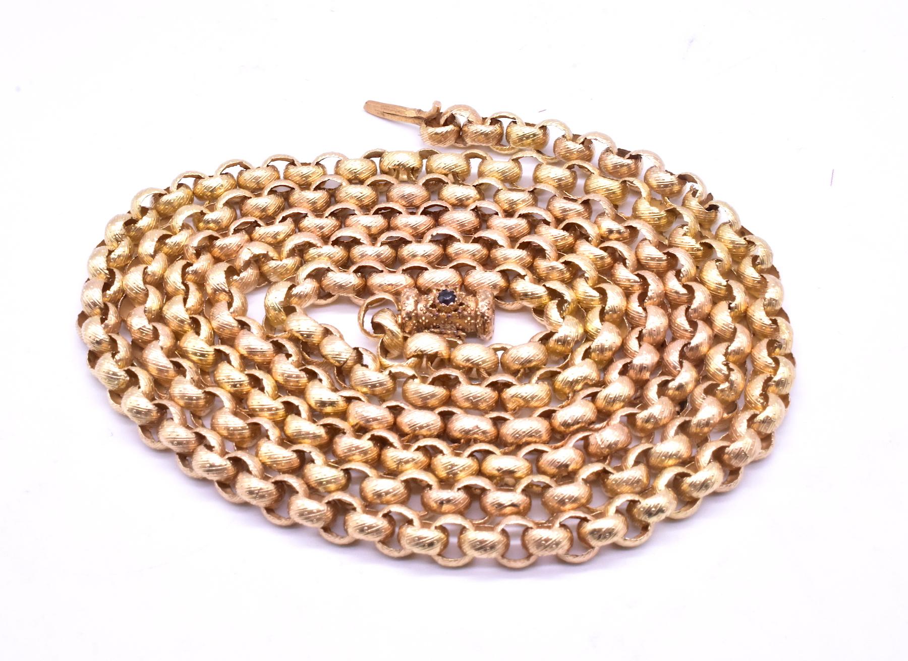 Our elegant 18K Georgian muff chain dates to the turn of the 19th century. A muff chain was considered an essential part of the  Georgian woman's wardrobe, certainly those considered among the upper crust of society.  Women  would string the chains