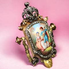 Antique Georgian 18K Silver Rose Diamond Enamel Limoges Mandolin Brooch Pin