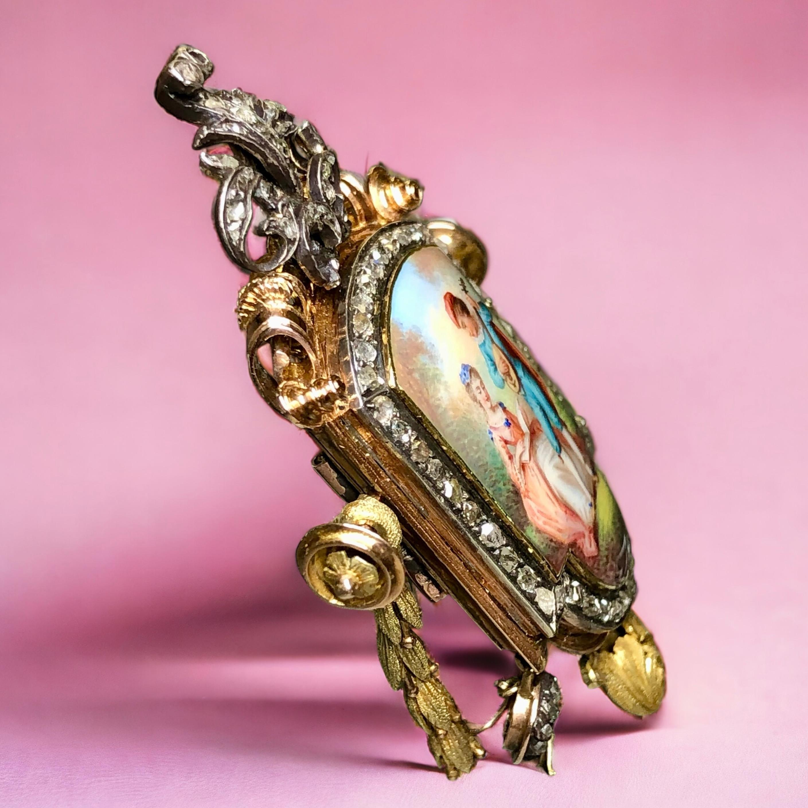 Rose Cut Antique Georgian 18K Silver Rose Diamond Enamel Limoges Mandolin Brooch Pin For Sale