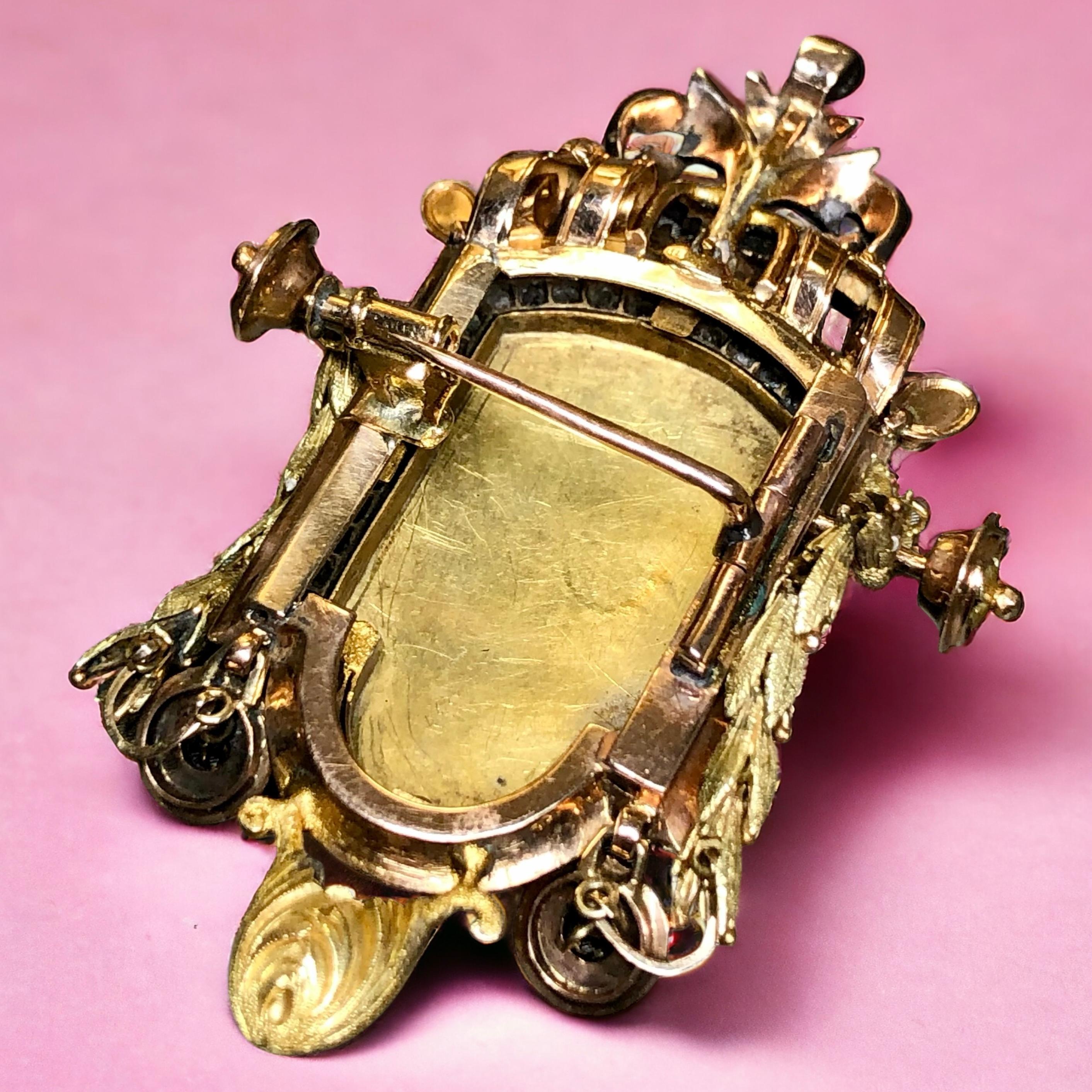 Antique Georgian 18K Silver Rose Diamond Enamel Limoges Mandolin Brooch Pin In Good Condition For Sale In Winter Springs, FL