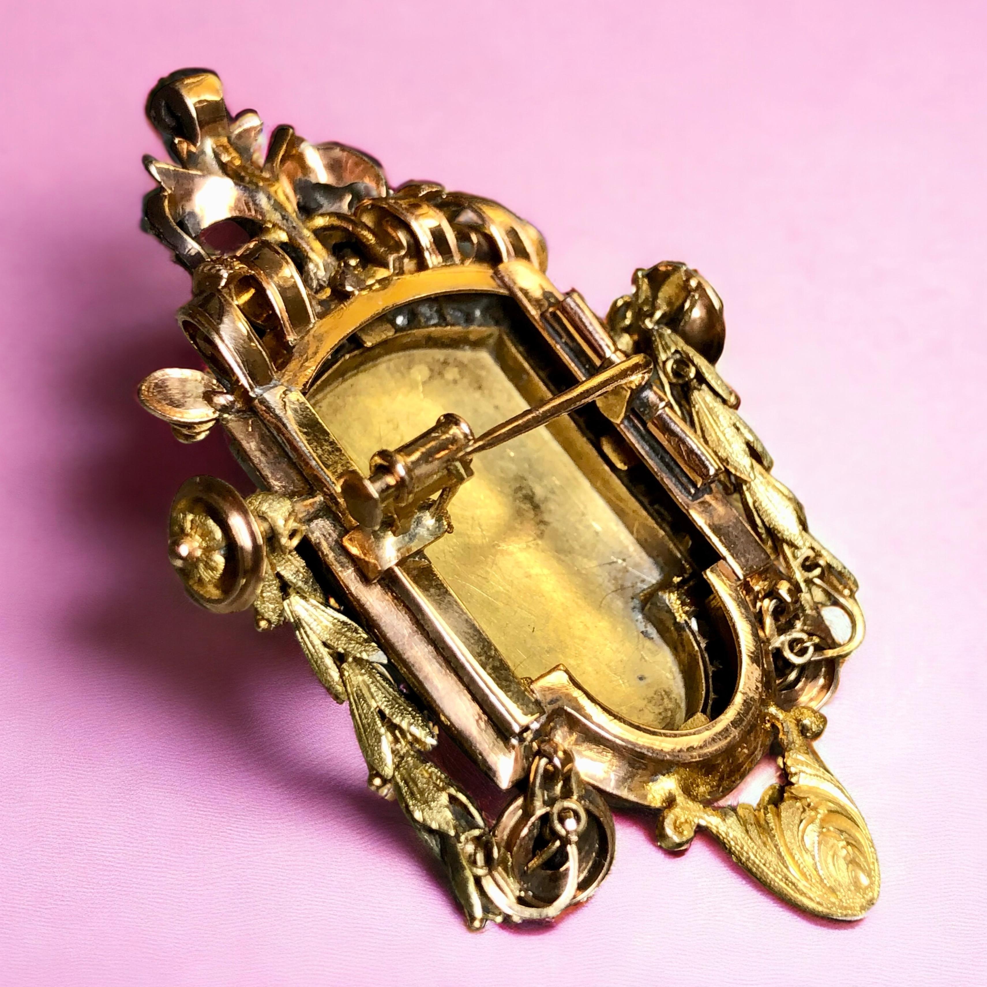 Women's or Men's Antique Georgian 18K Silver Rose Diamond Enamel Limoges Mandolin Brooch Pin For Sale