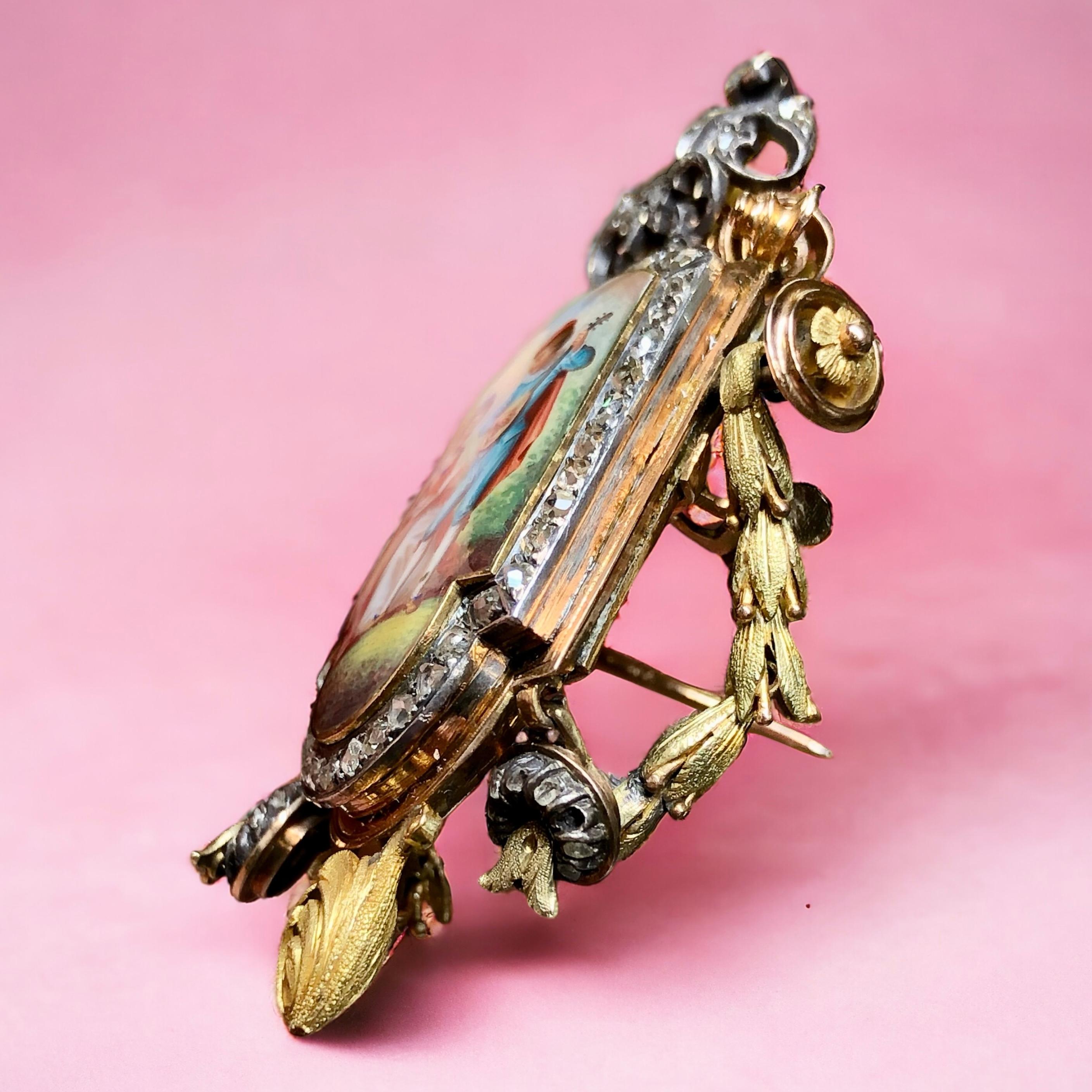Antique Georgian 18K Silver Rose Diamond Enamel Limoges Mandolin Brooch Pin For Sale 1