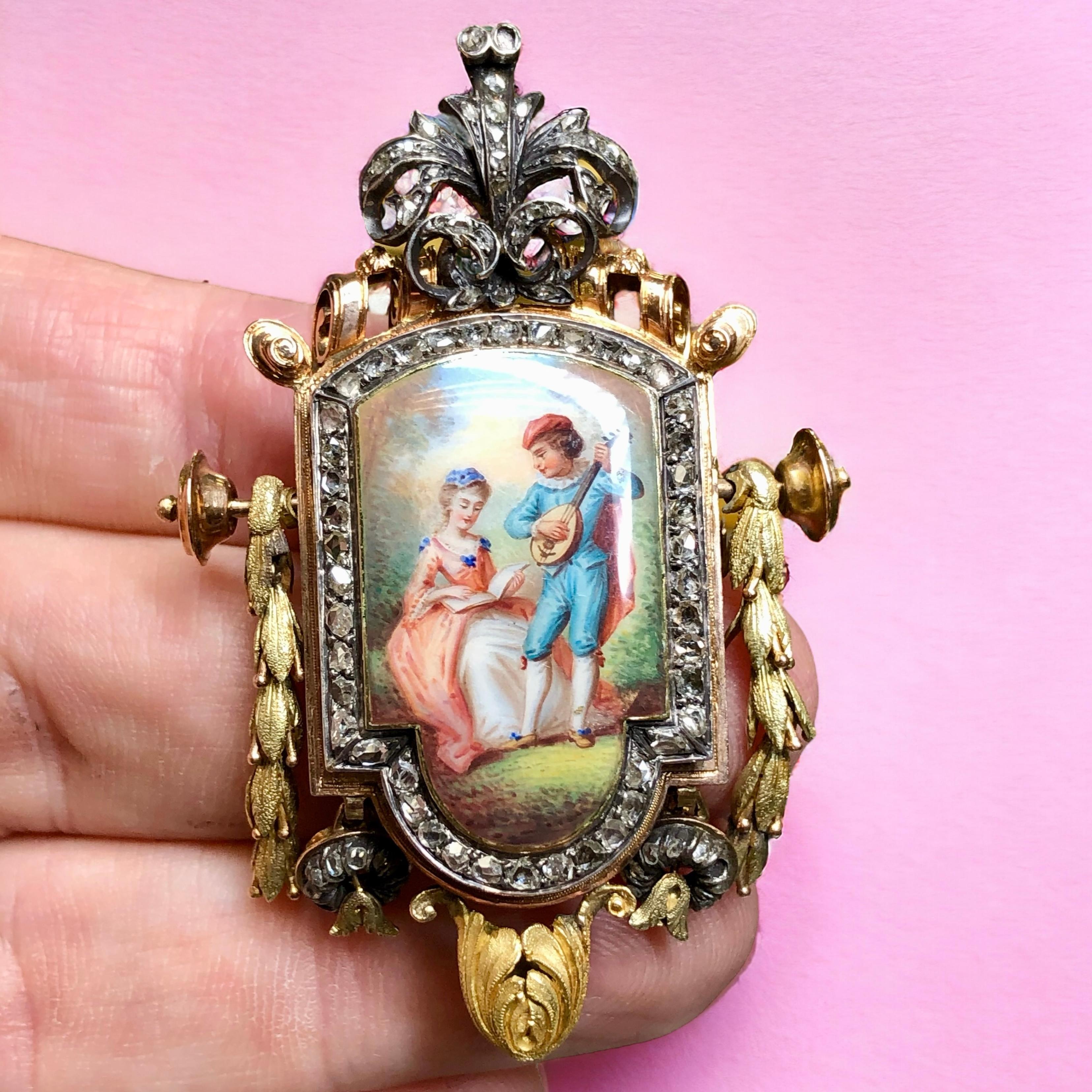 Antique Georgian 18K Silver Rose Diamond Enamel Limoges Mandolin Brooch Pin For Sale 3