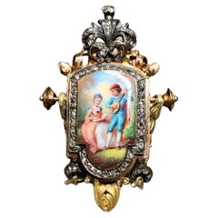 Alfiler antiguo georgiano de plata de 18 quilates, rosa, diamante, esmalte y mandolina de Limoges