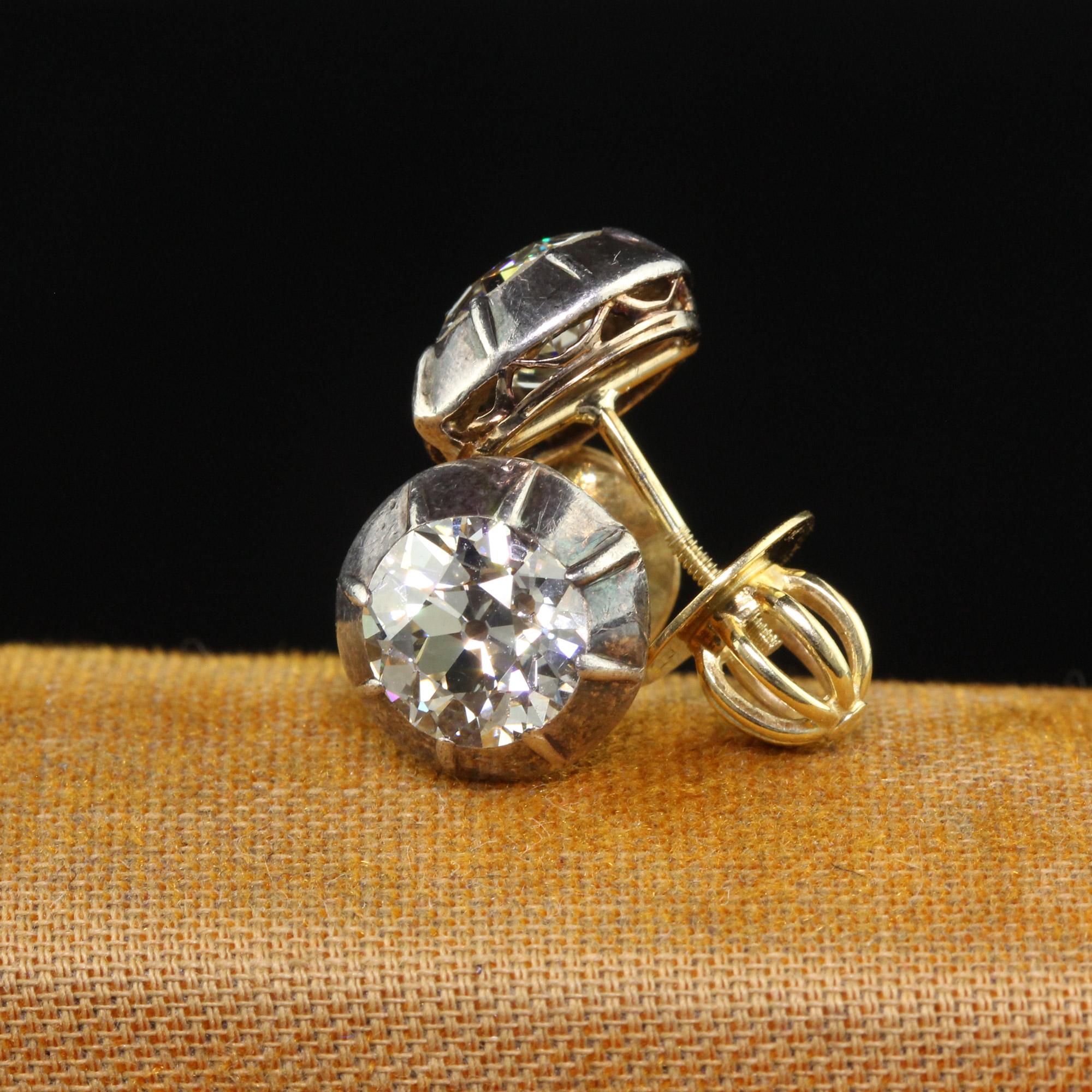 Old Mine Cut Antique Georgian 18K Yellow Gold and Silver Top Old Mine Diamond Stud Earrings