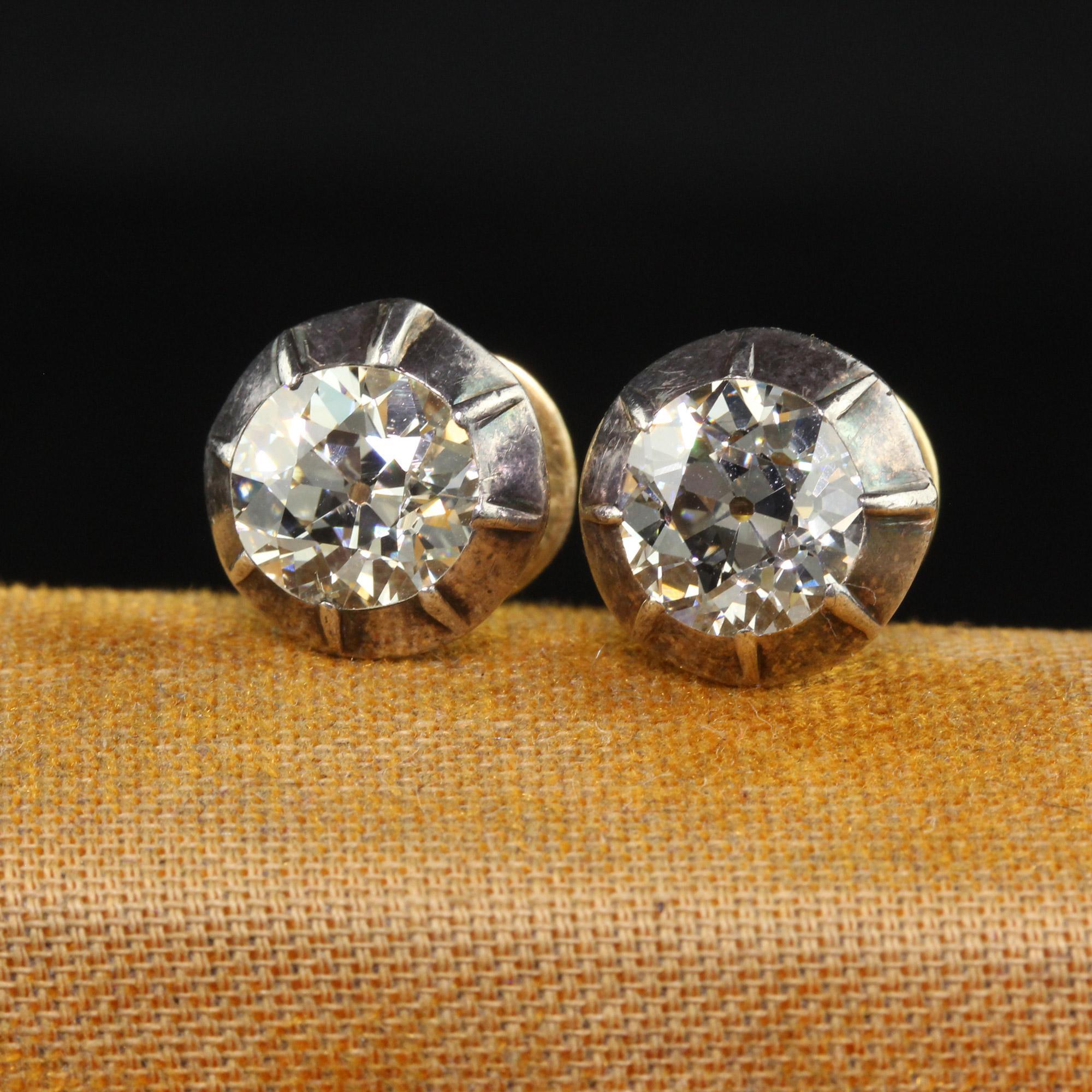 Antique Georgian 18K Yellow Gold and Silver Top Old Mine Diamond Stud Earrings In Good Condition In Great Neck, NY