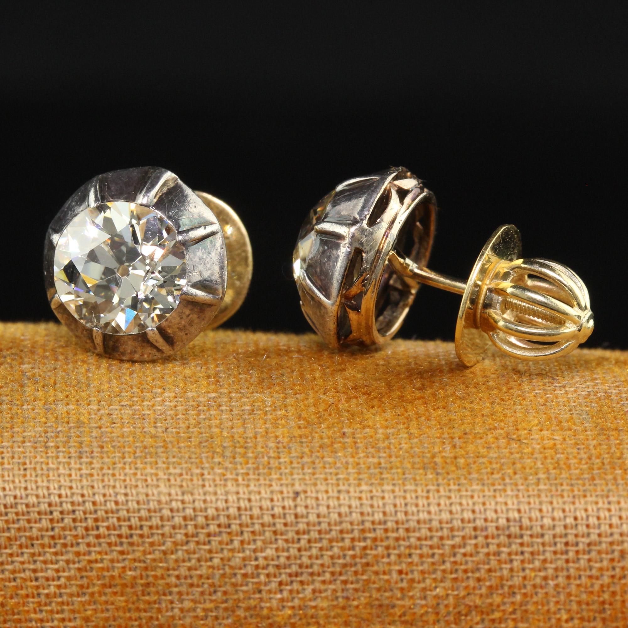 Women's Antique Georgian 18K Yellow Gold and Silver Top Old Mine Diamond Stud Earrings