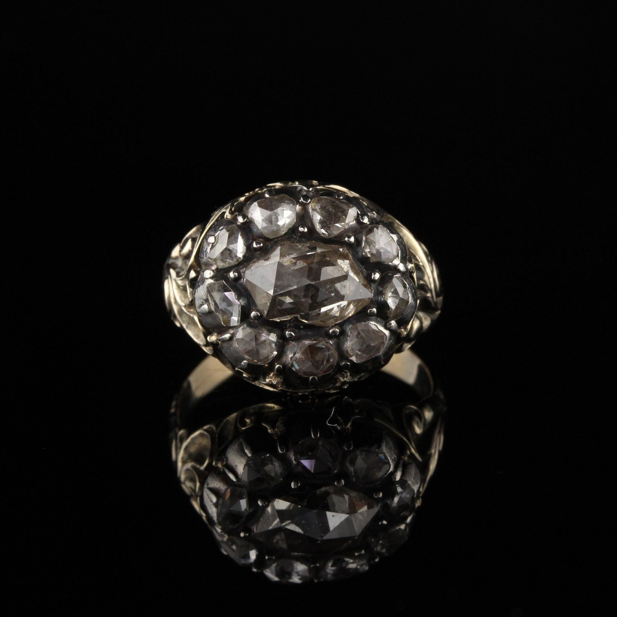 Antique Georgian 18 Karat Yellow Gold and Silver Top Rose Cut Diamond Ring In Good Condition In Great Neck, NY