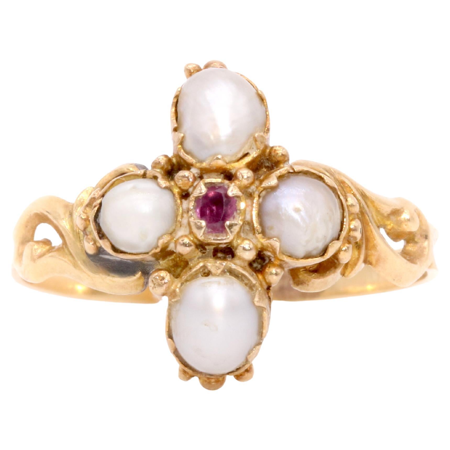 Antique Georgian 18K Yellow Gold Baroque Pearl and Ruby Cluster Locket Ring