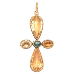 Antique Georgian 18k Yellow Gold Citrine and Emerald Closed Back Cross Pendant