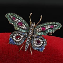 Antique Georgian 18K Yellow Gold Diamond Ruby Emerald Sapphire Butterfly Pin