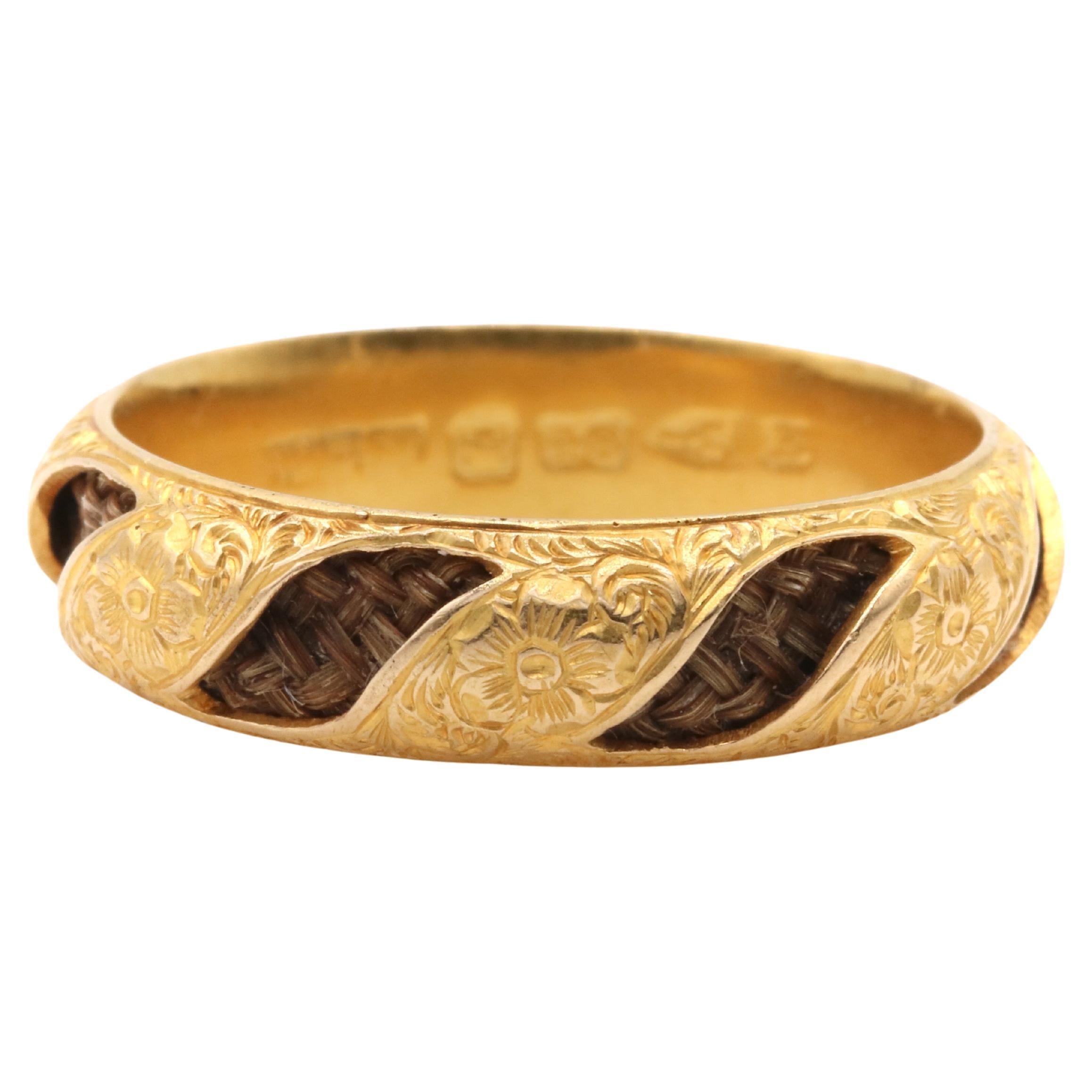 Antique Georgian 18K Yellow Gold Hairwork Floral Chased Mourning Ring