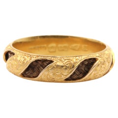 Antique Georgian 18K Yellow Gold Hairwork Floral Chased Mourning Ring