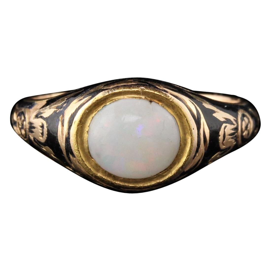 Antique Georgian 18 Karat Yellow Gold Opal and Black Enamel Signet Ring