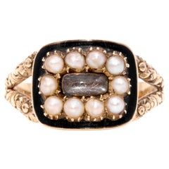 Antique Georgian 18K Yellow Gold Pearl, Black Enamel and Hairwork Mourning Ring