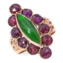 Antique Georgian 18k Yellow Gold Rose Cut Garnet and Jade Navette Ring