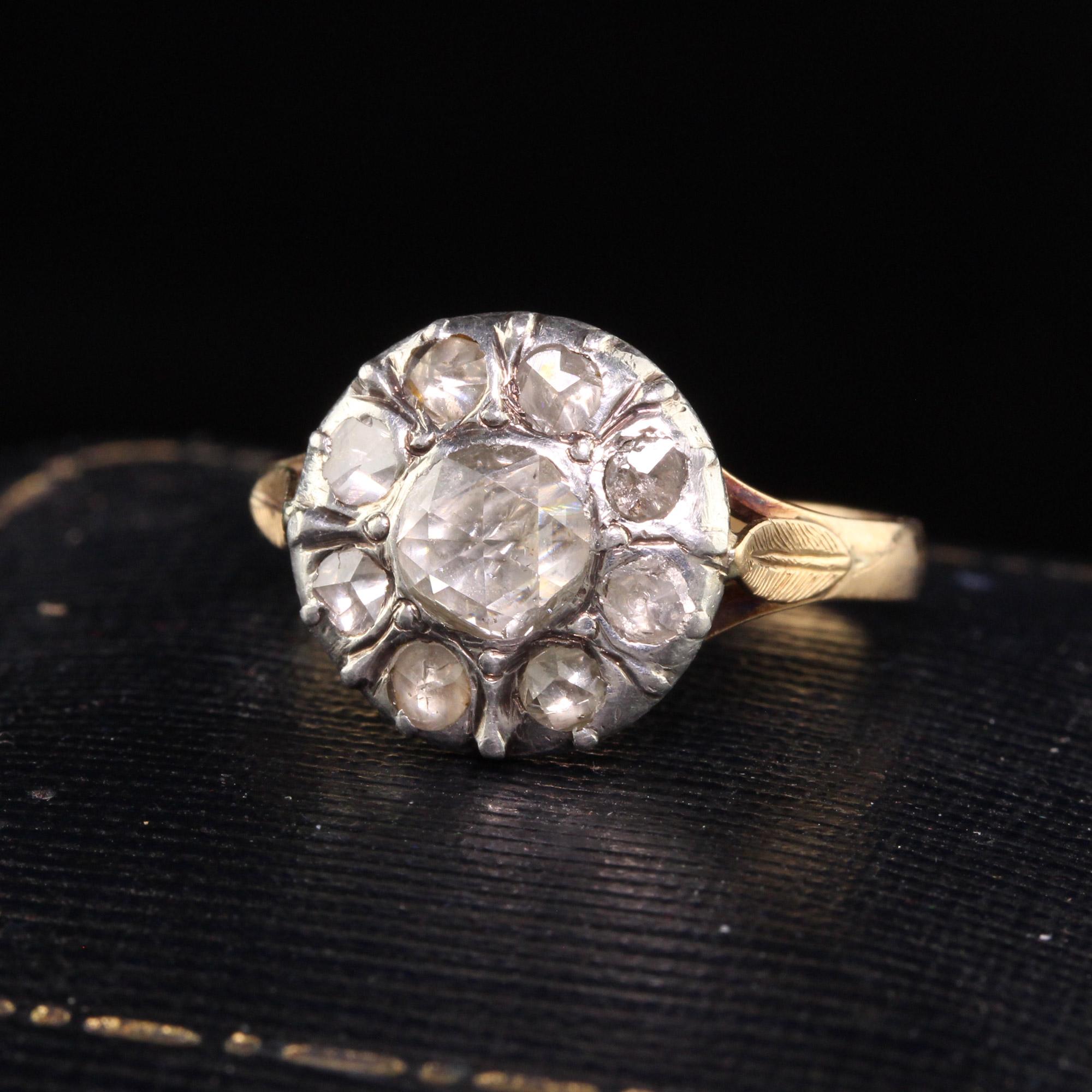 Beautiful Antique Georgian 18K Yellow Gold Silver Top Rose Cut Cluster Engagement Ring. This beautiful Georgian diamond ring has rose cuts surrounding a beautifully faceted rose cut diamond in the center.

Item #R1061

Metal: 18K Yellow Gold and