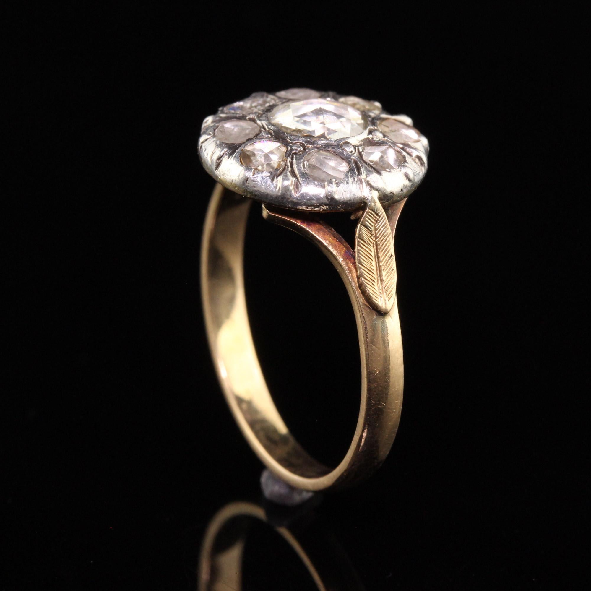Antique Georgian 18K Yellow Gold Silver Top Rose Cut Cluster Engagement Ring In Good Condition In Great Neck, NY