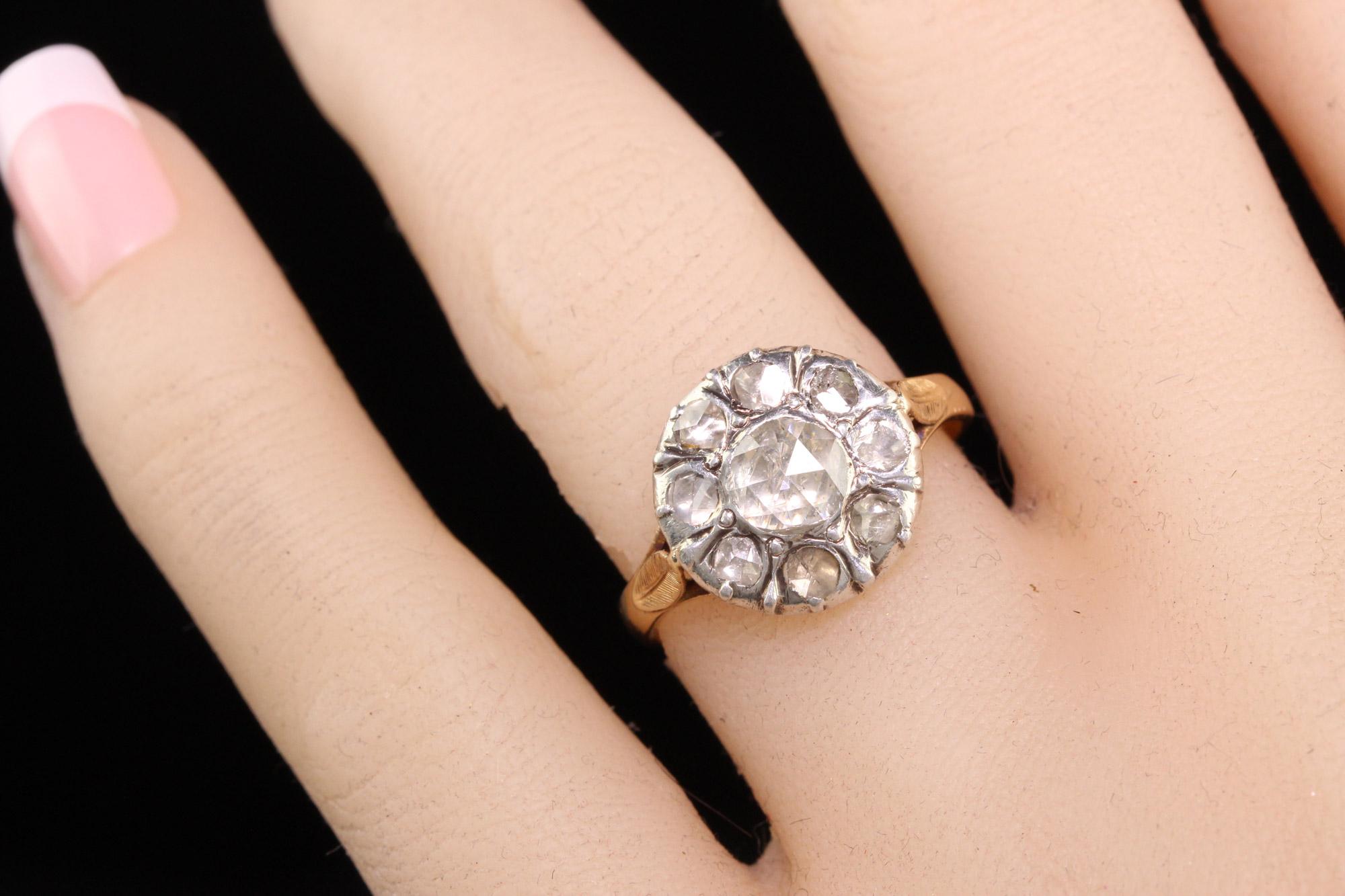 Women's Antique Georgian 18K Yellow Gold Silver Top Rose Cut Cluster Engagement Ring