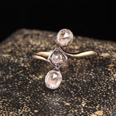 Antique Georgian 18K Yellow Gold Silver Top Rose Cut Diamond Three Stone Ring