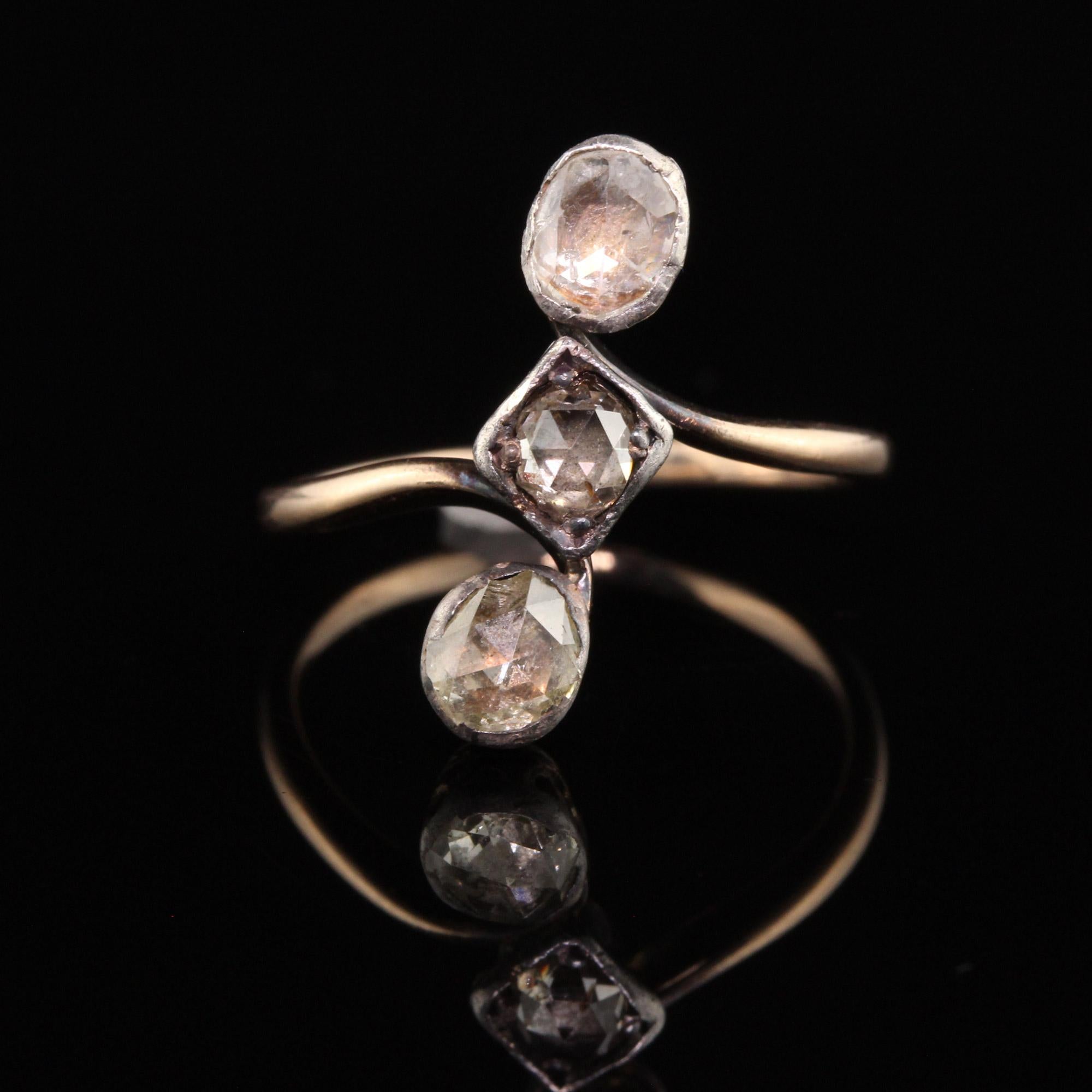 Women's Antique Georgian 18K Yellow Gold Silver Top Rose Cut Diamond Three Stone Ring For Sale