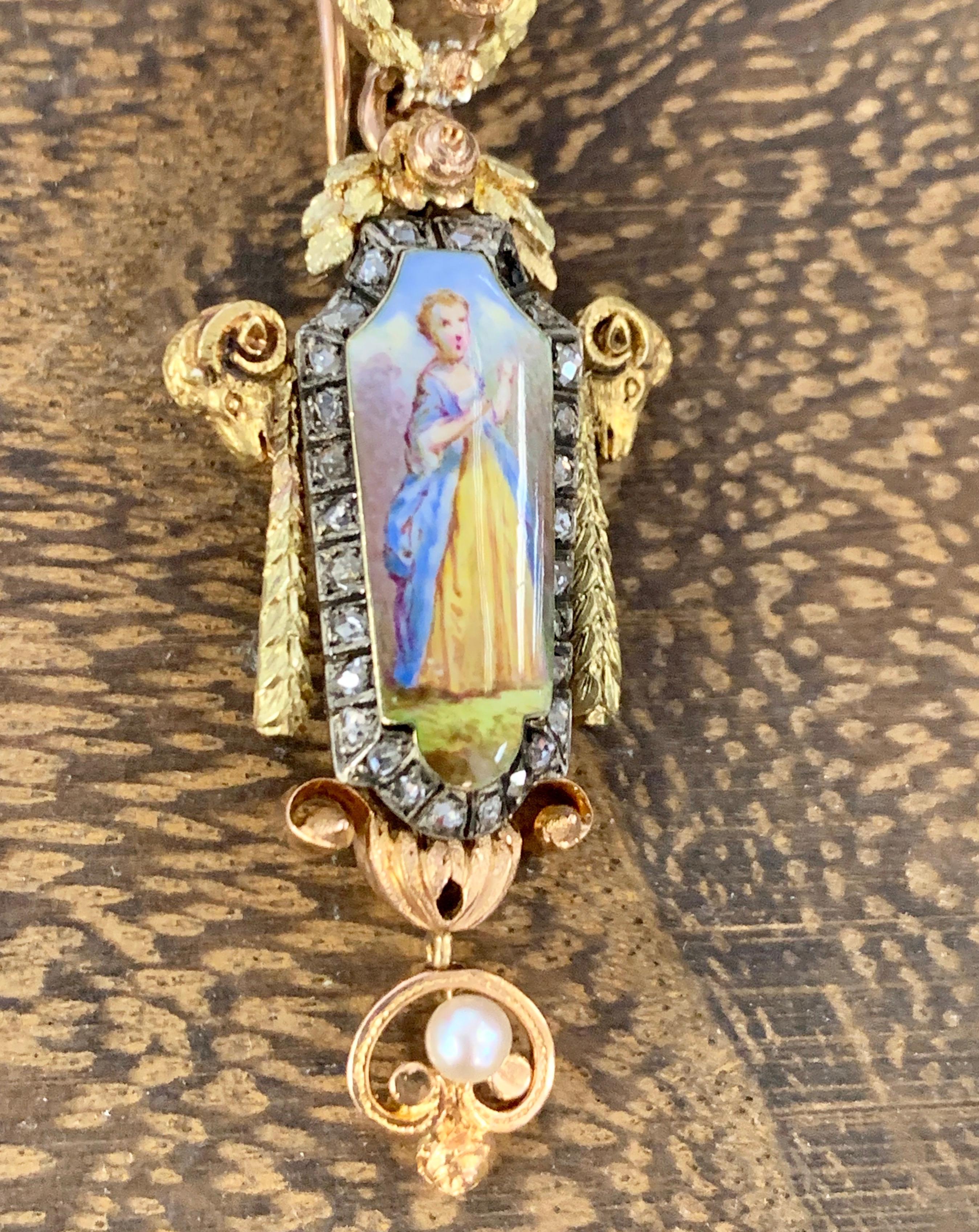 Antique Georgian 18Ky/r Diamond and Pearl Painted Portrait Earrings In Good Condition For Sale In San Diego, CA