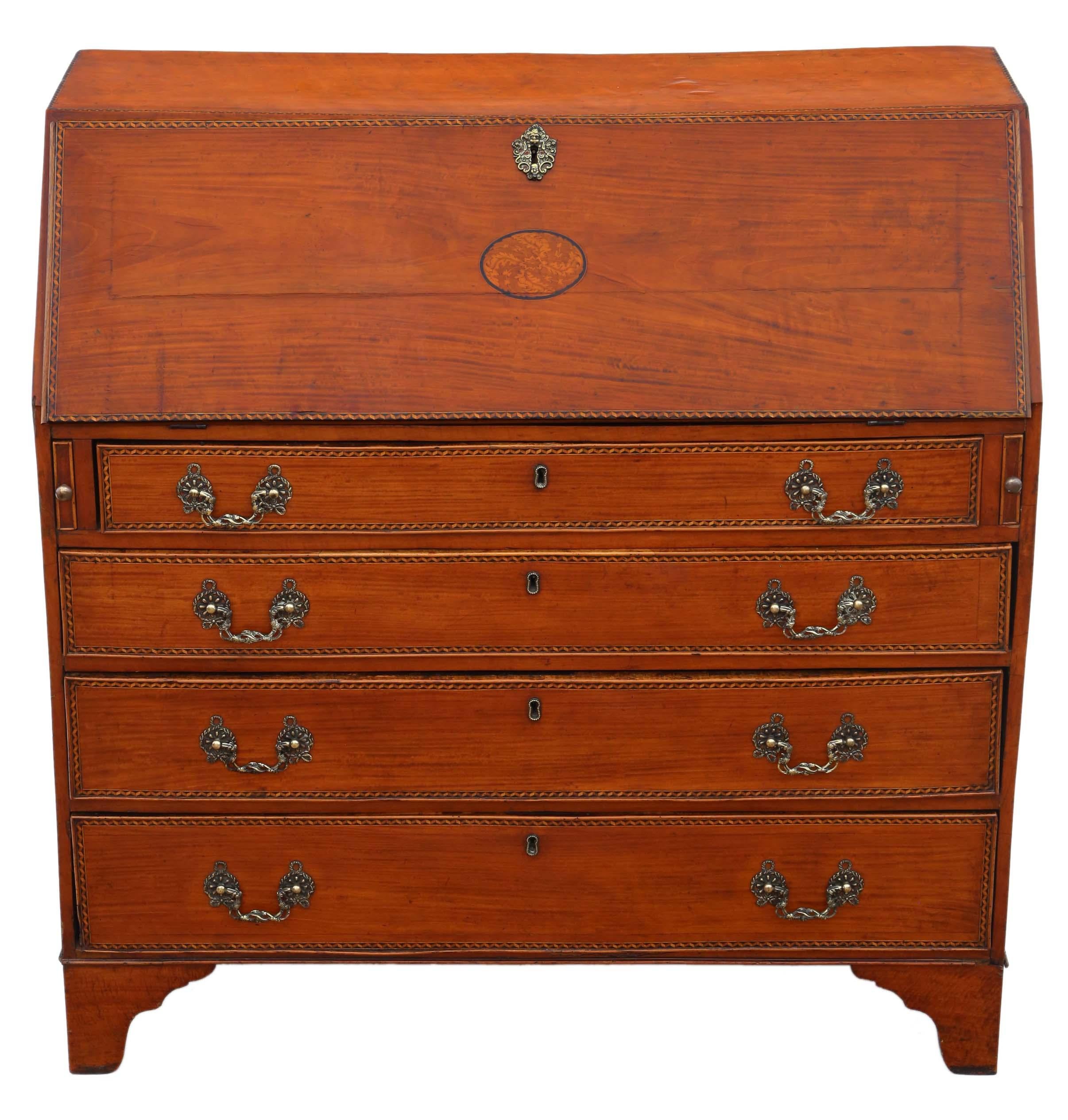 Antique Georgian 18th century satin walnut bureau desk writing table. Veneer on oak and elm construction. Early satin walnut bureaux are very rare. 

This is a lovely bureau, that is full of age, charm and character. Attractive inlays.

No loose