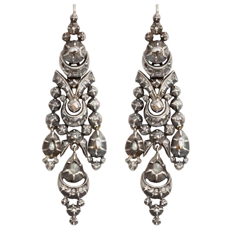 Boucles d'oreilles portugaises anciennes en diamants de style gorgien du XIXe sicle 