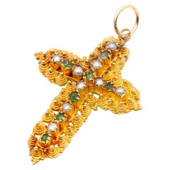 Antiguo colgante georgiano de oro amarillo de 22 quilates con cruz de esmeralda y perla de Cannetille