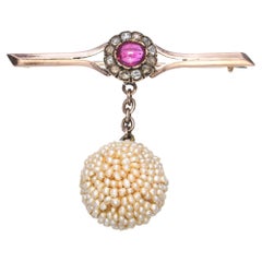 Antique Georgian 8k Gold Ruby Rose Cut Diamond and Natural Seed Pearl Brooch
