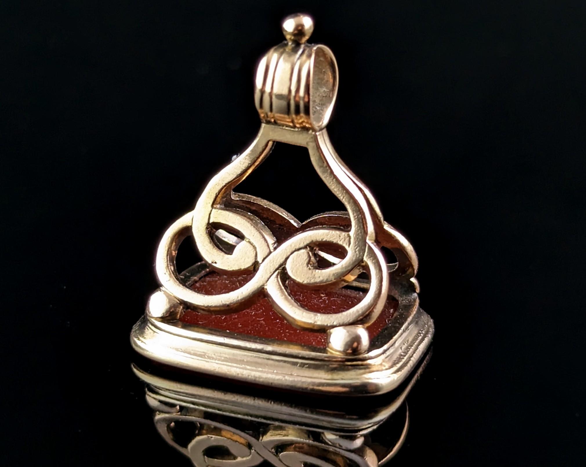 Mixed Cut Antique Georgian 9k gold seal fob pendant, Carnelian, Heraldic  For Sale