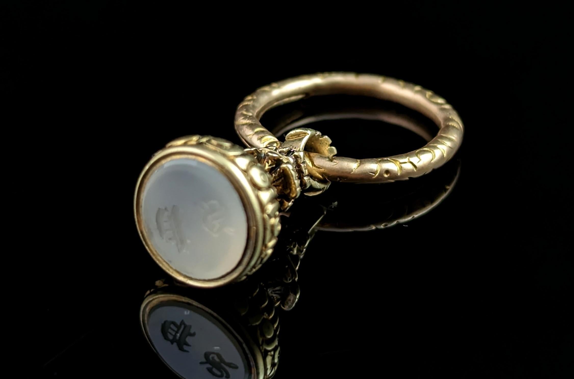Antique Georgian 9k Gold Seal Fob Pendant, Split Ring, Chalcedony 11