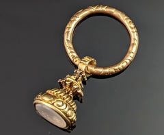 Antique Georgian 9k Gold Seal Fob Pendant, Split Ring, Chalcedony