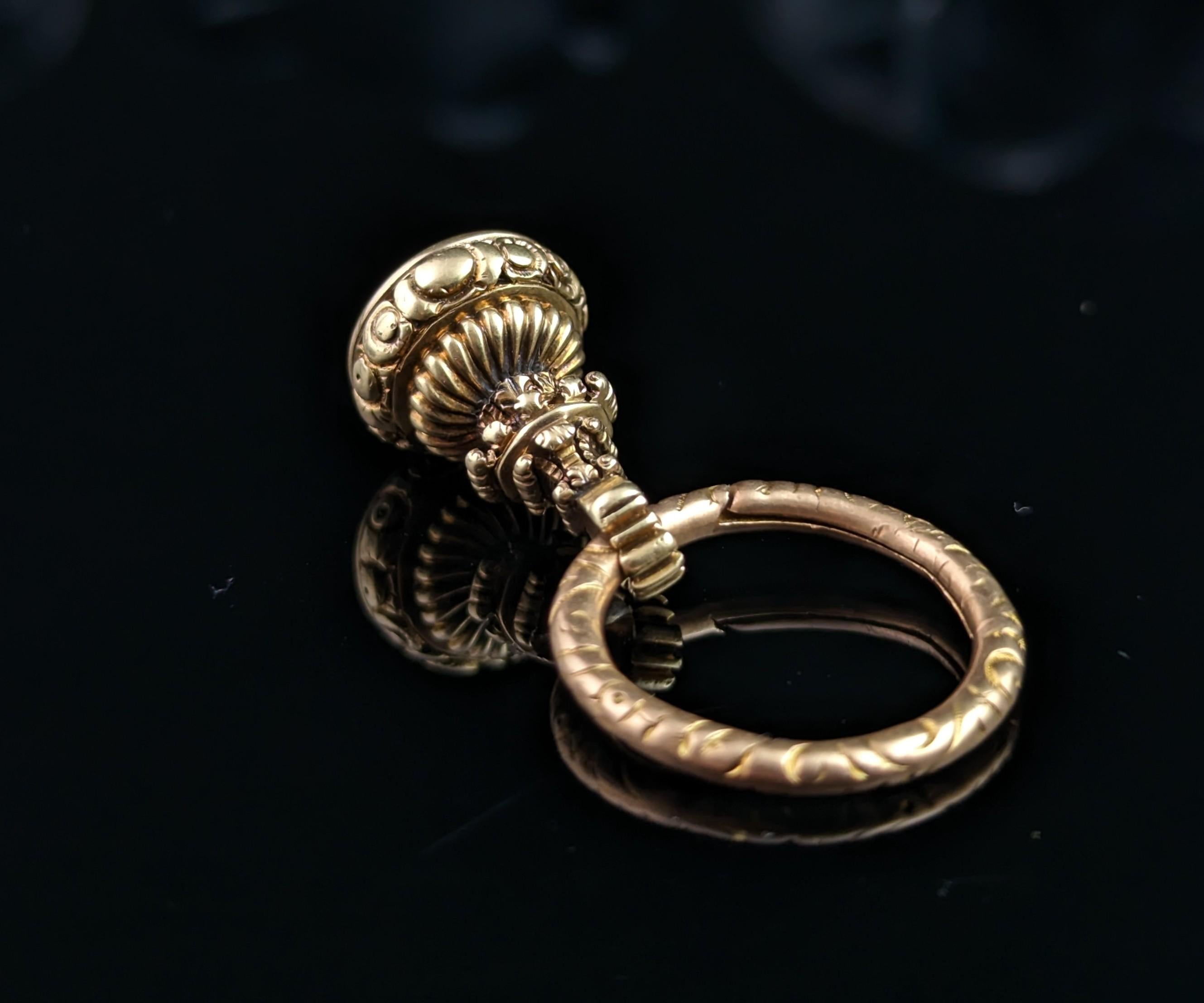 Antique Georgian 9k Gold Seal Fob Pendant, Split Ring, Chalcedony 2