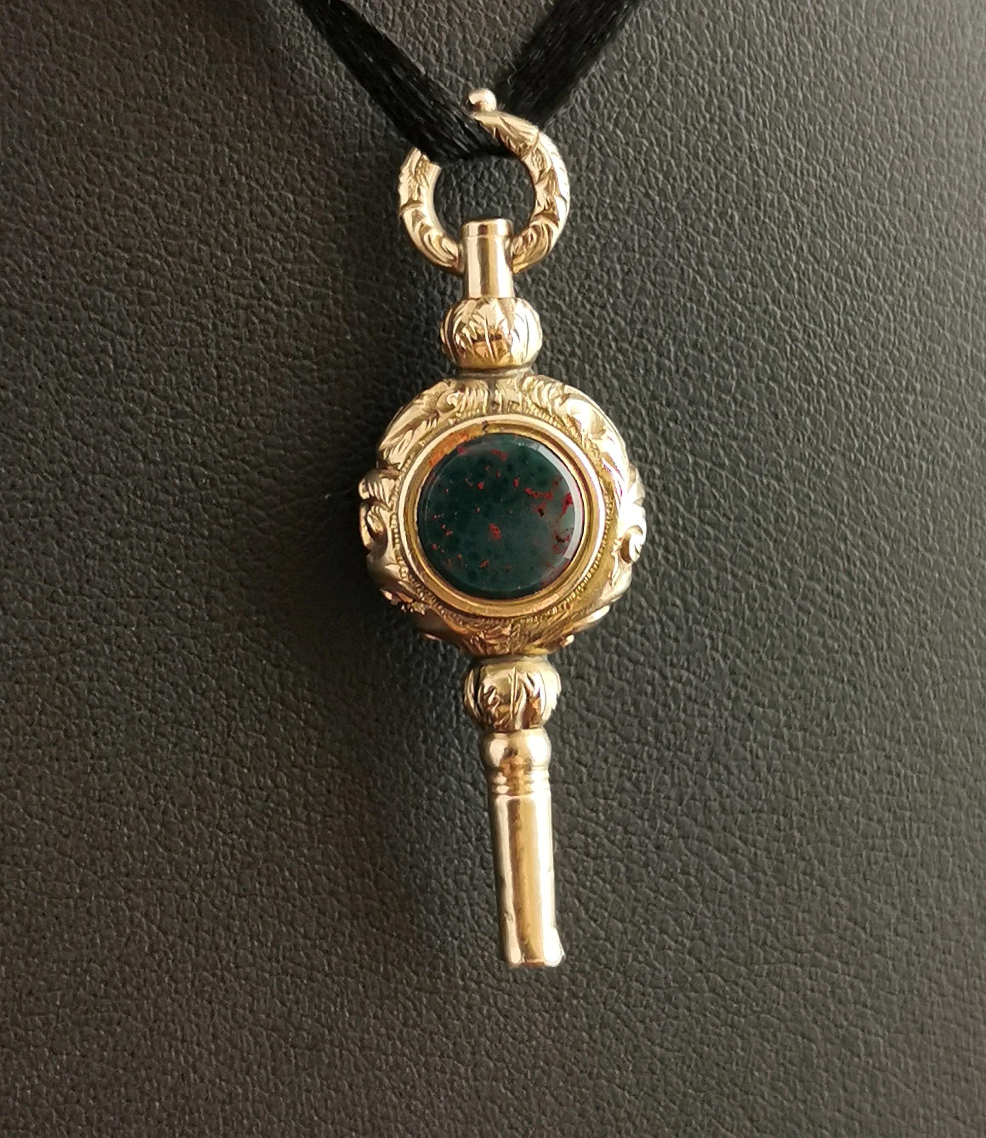 Antique Georgian 9k Gold Watch Key, Pendant, Amethyst and Bloodstone 8
