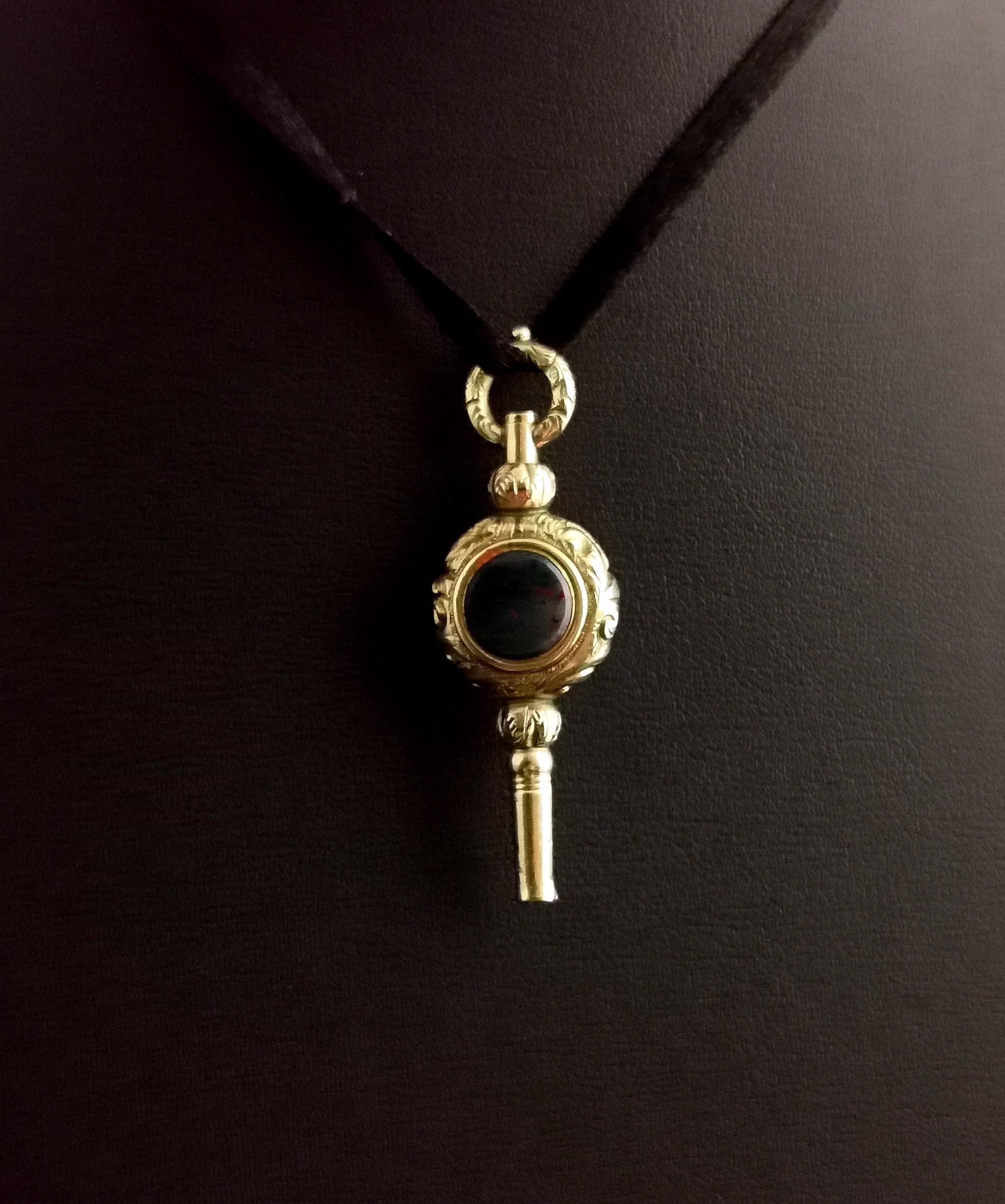 Antique Georgian 9k Gold Watch Key, Pendant, Amethyst and Bloodstone 9