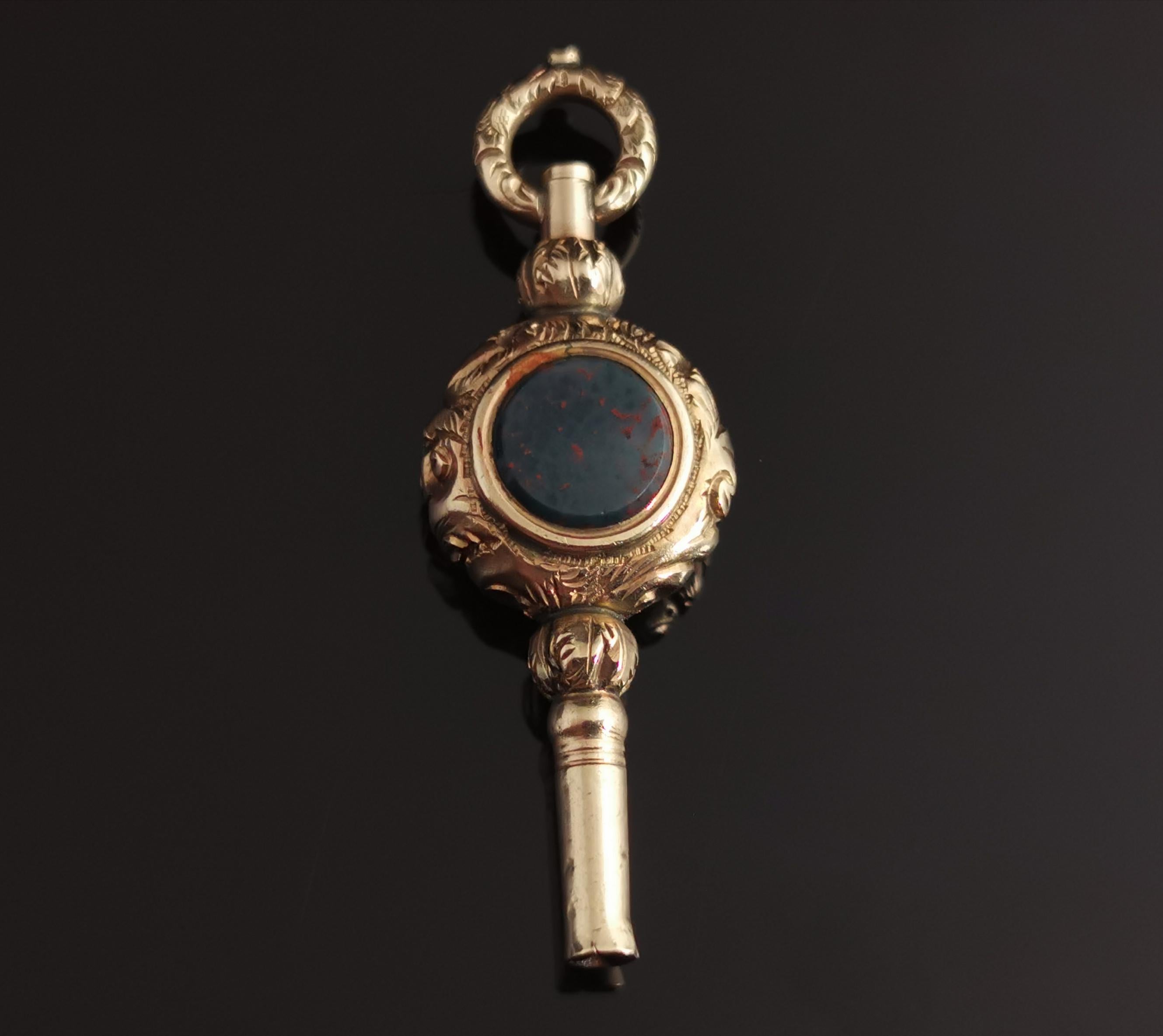 Round Cut Antique Georgian 9k Gold Watch Key, Pendant, Amethyst and Bloodstone